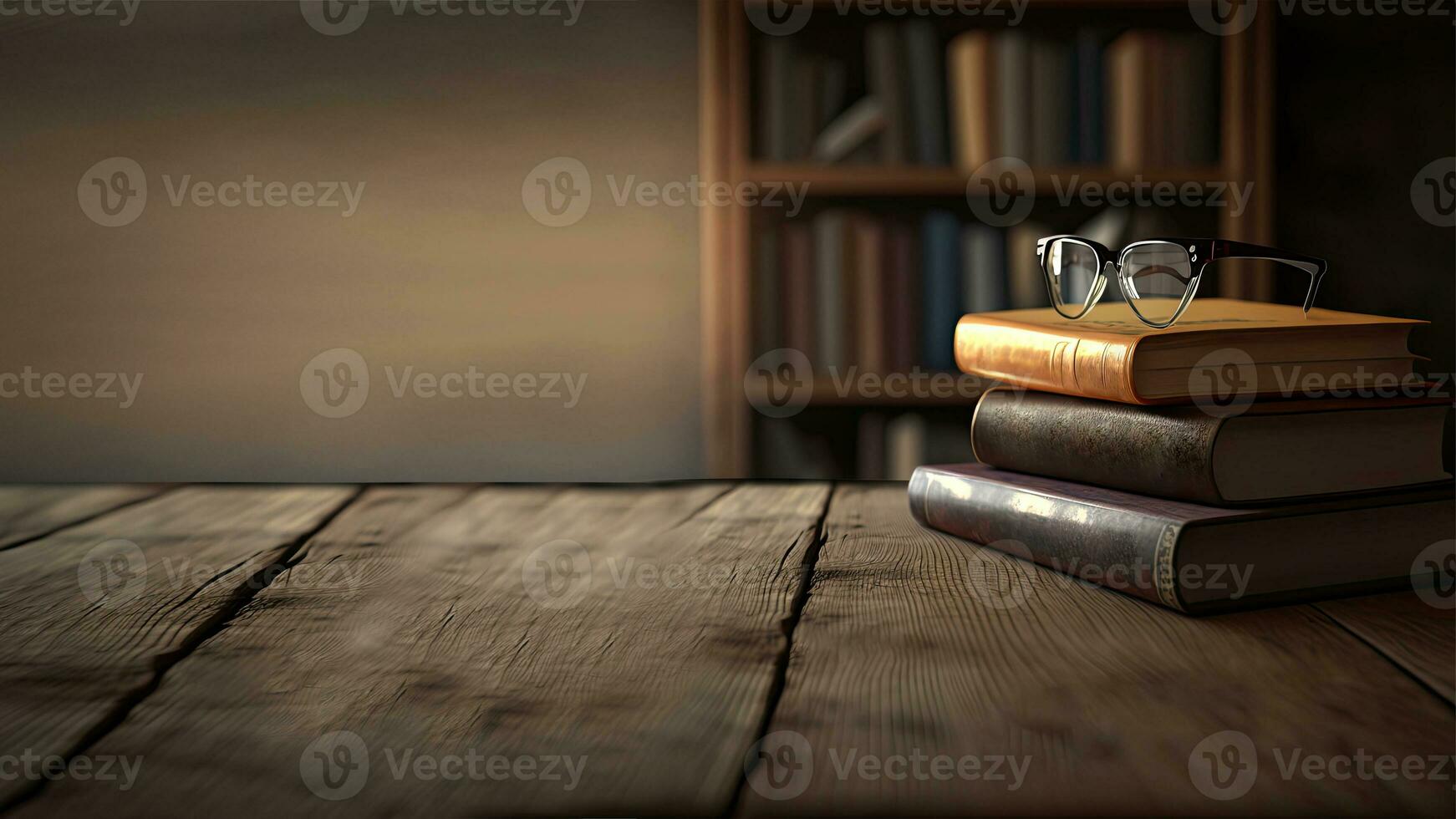 3D Render of Eyeglasses With Books On Brown Wooden Desk Against Blur Rack In Dark Background. photo