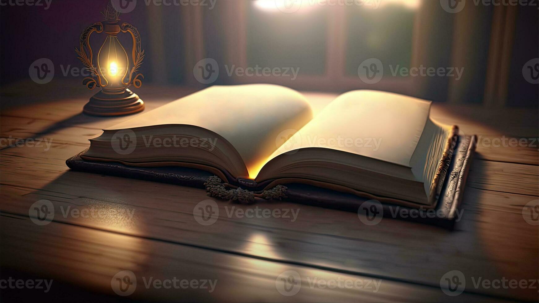 Close View of Burning Oil Lantern With Open Book On Wooden Desk In Dark Background. 3D Render. photo