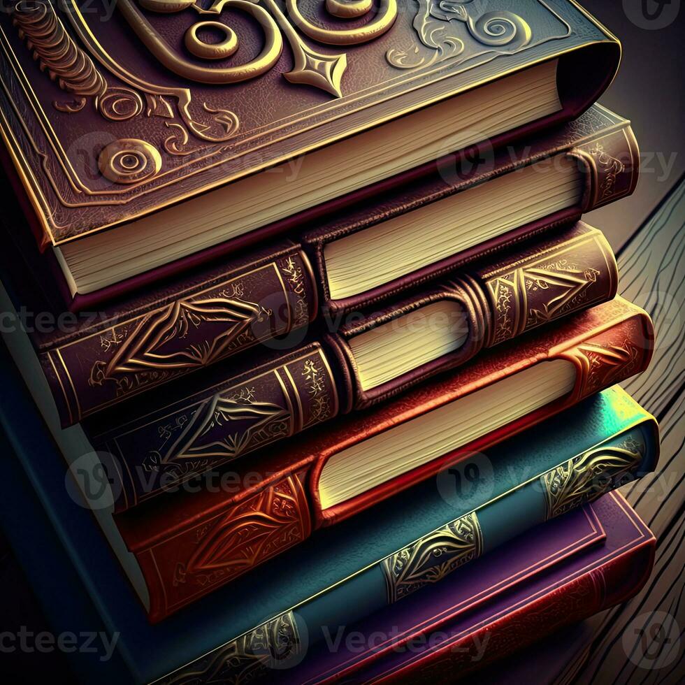 3D Render of Vintage Books Stack On Dark Background. photo