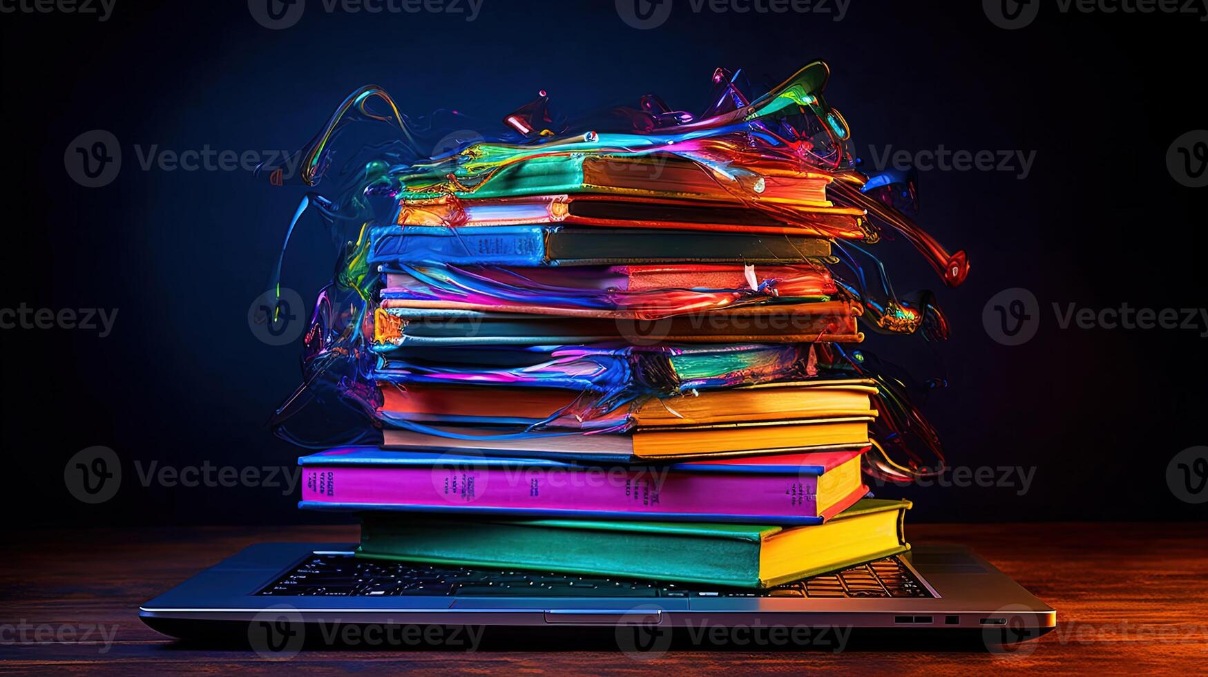 A Stack of Colorful Books on Keyboard of Laptop at Desk Illustration. E-Learning Concept, Created by Technology. photo