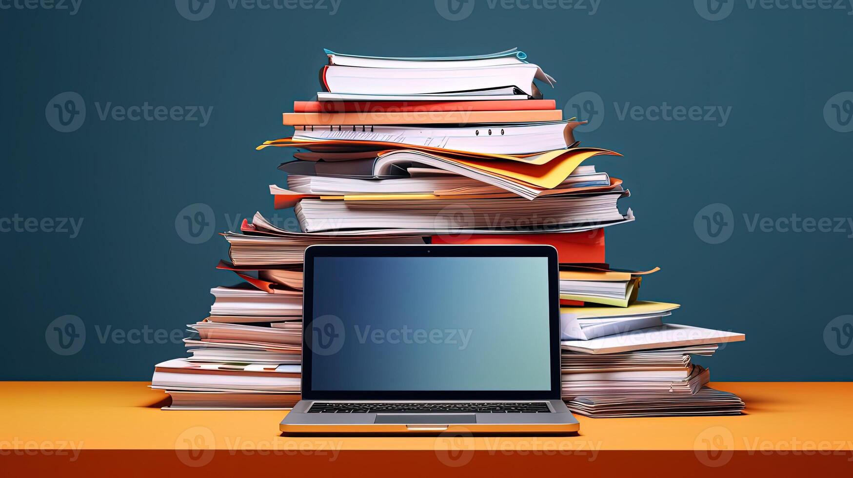 Stack of Books Behind Open Laptop on Desk, Authentic Close-up Shot. E-Learning or Education Concept. Technology. photo