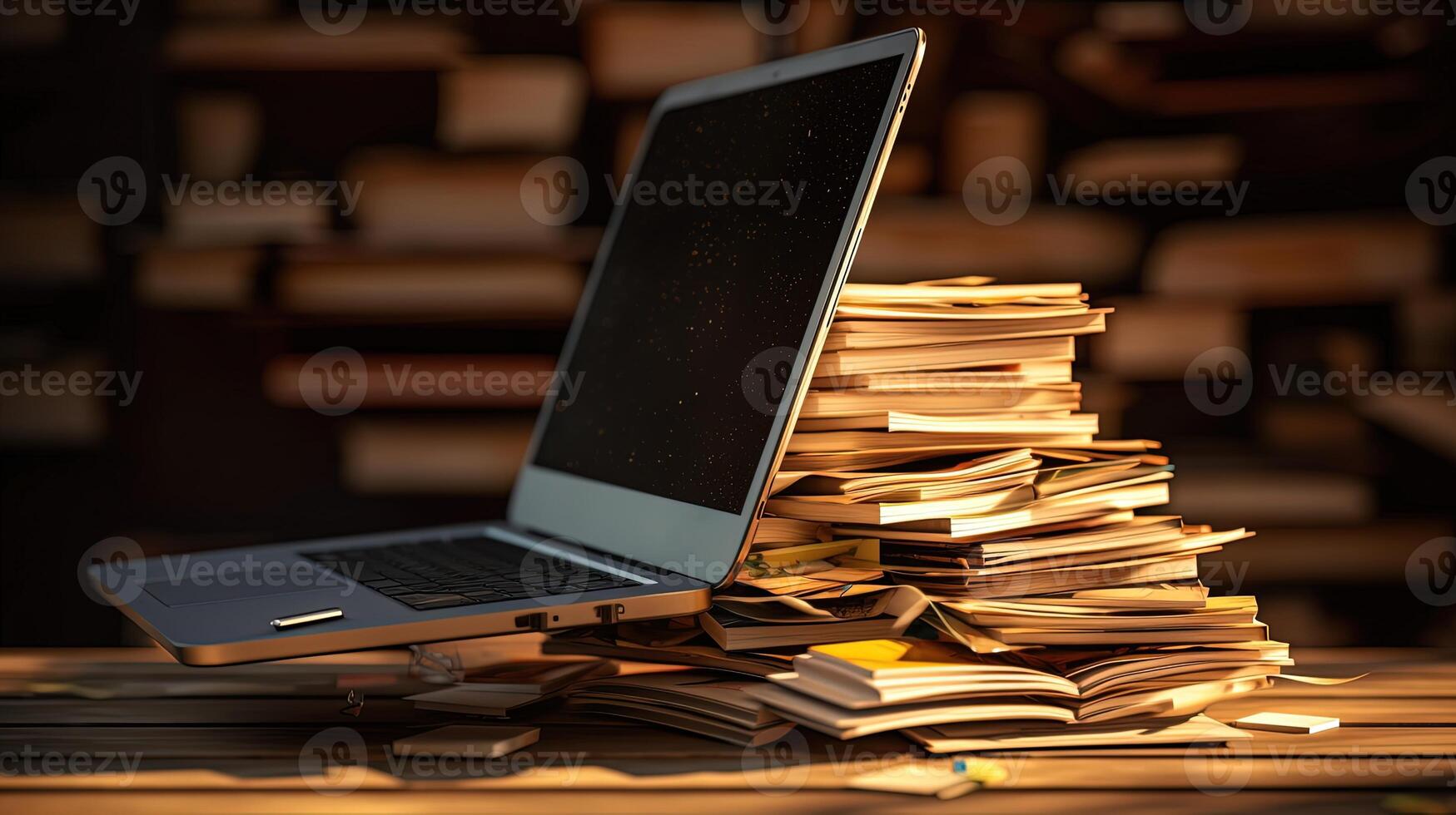 capturar foto de cuaderno computadora o ordenador portátil y apilar de libros a escritorio en biblioteca o estudiar habitación. generativo ai tecnología.
