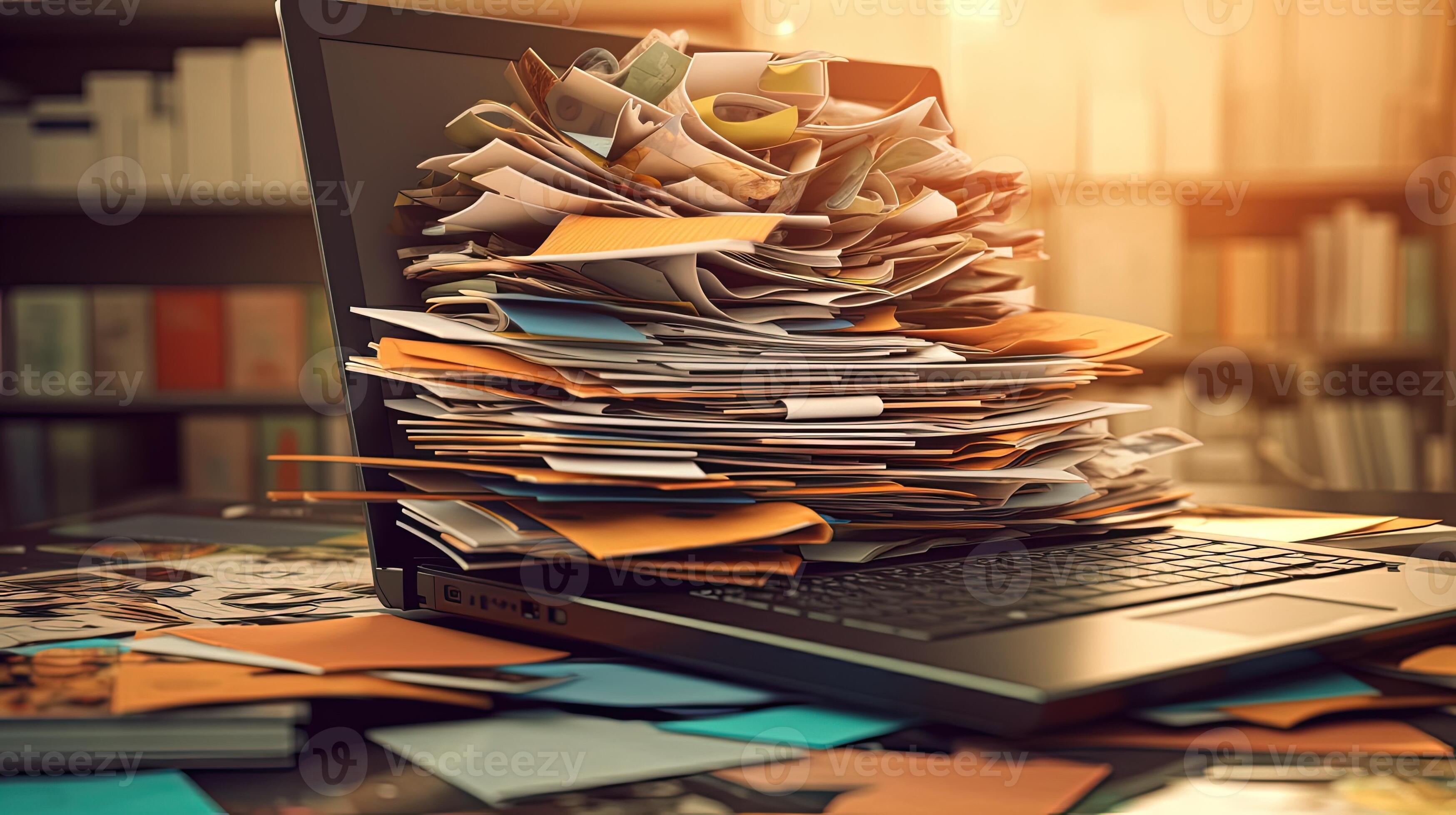 Pile of Paperwork or Unfinished Documents Stack on Laptop Keyboard at