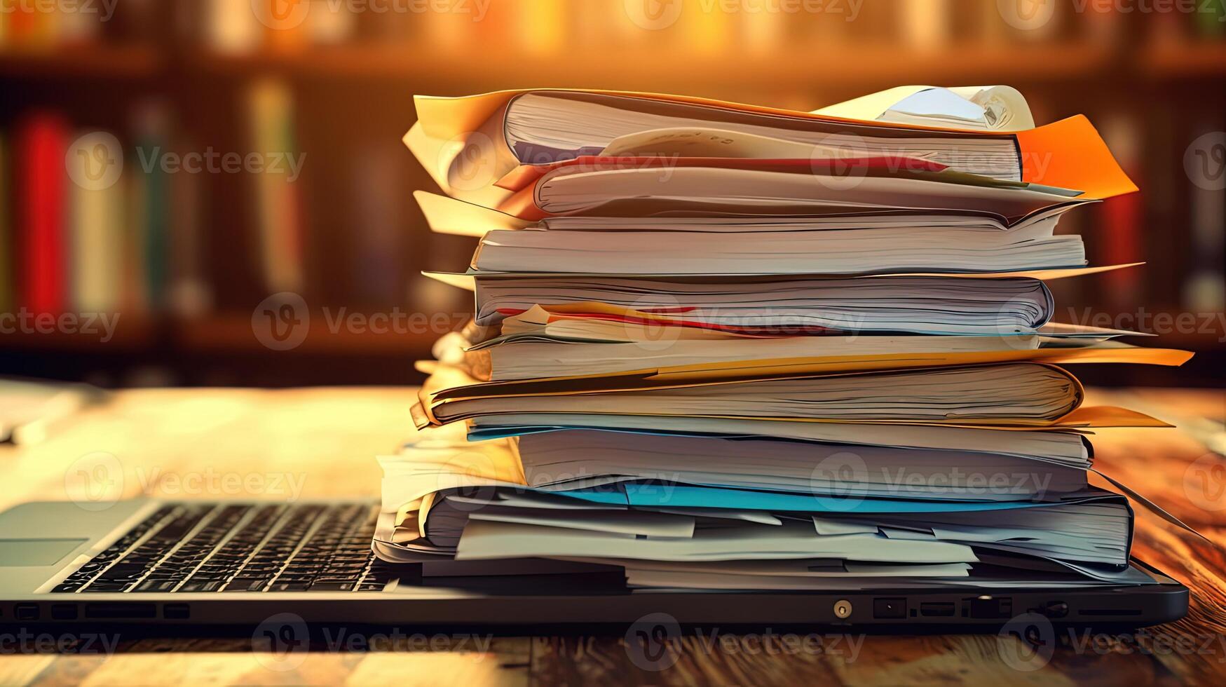 Stack of Books on Laptop at Desk in Library or Study Room, E-Learning or Education Concept. Technology. photo