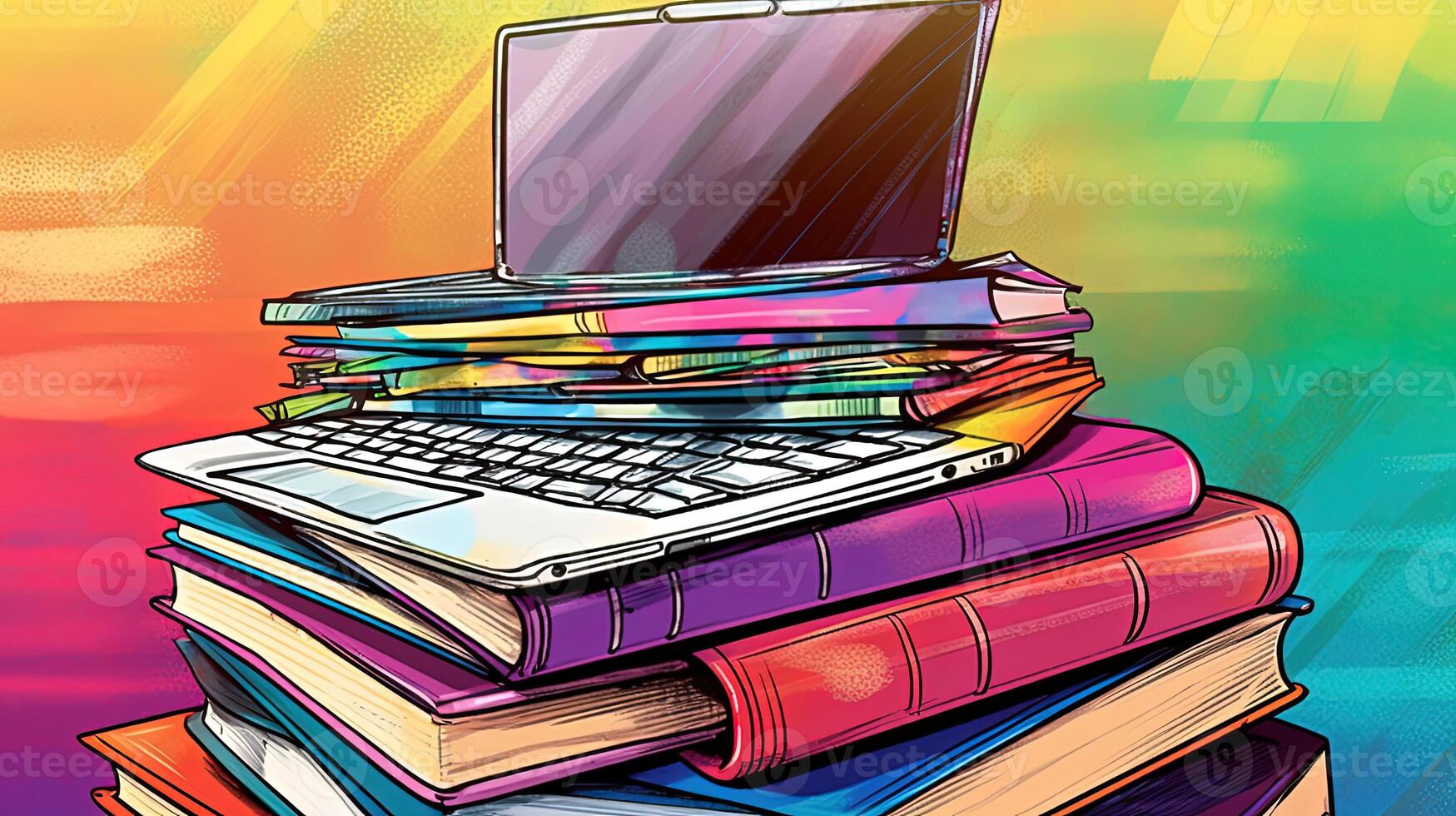 Graphic Illustration of Laptop Sits on Top of Books Stacked on Abstract Gradient Texture Background. Technology. photo