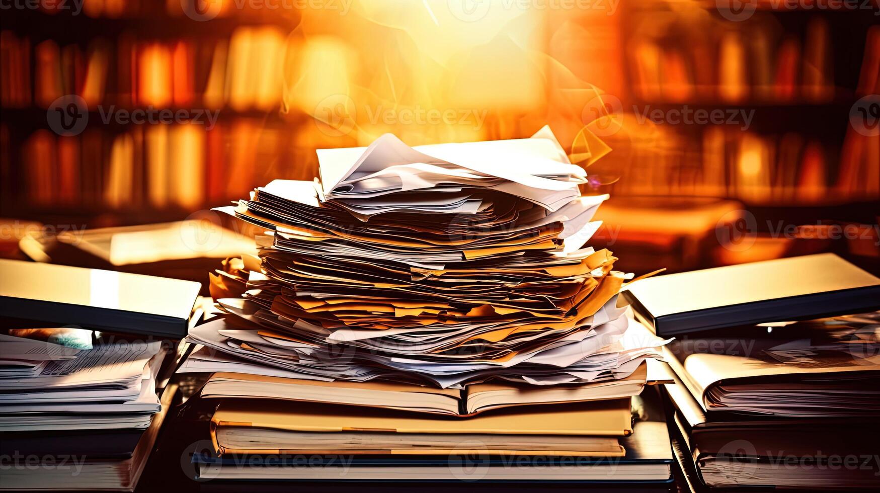 Stack of Books and Paperworks or Unfinished Documents on Desk, Sunlight Inside Library or Office, Authentic Close-up Shot. Technology. photo