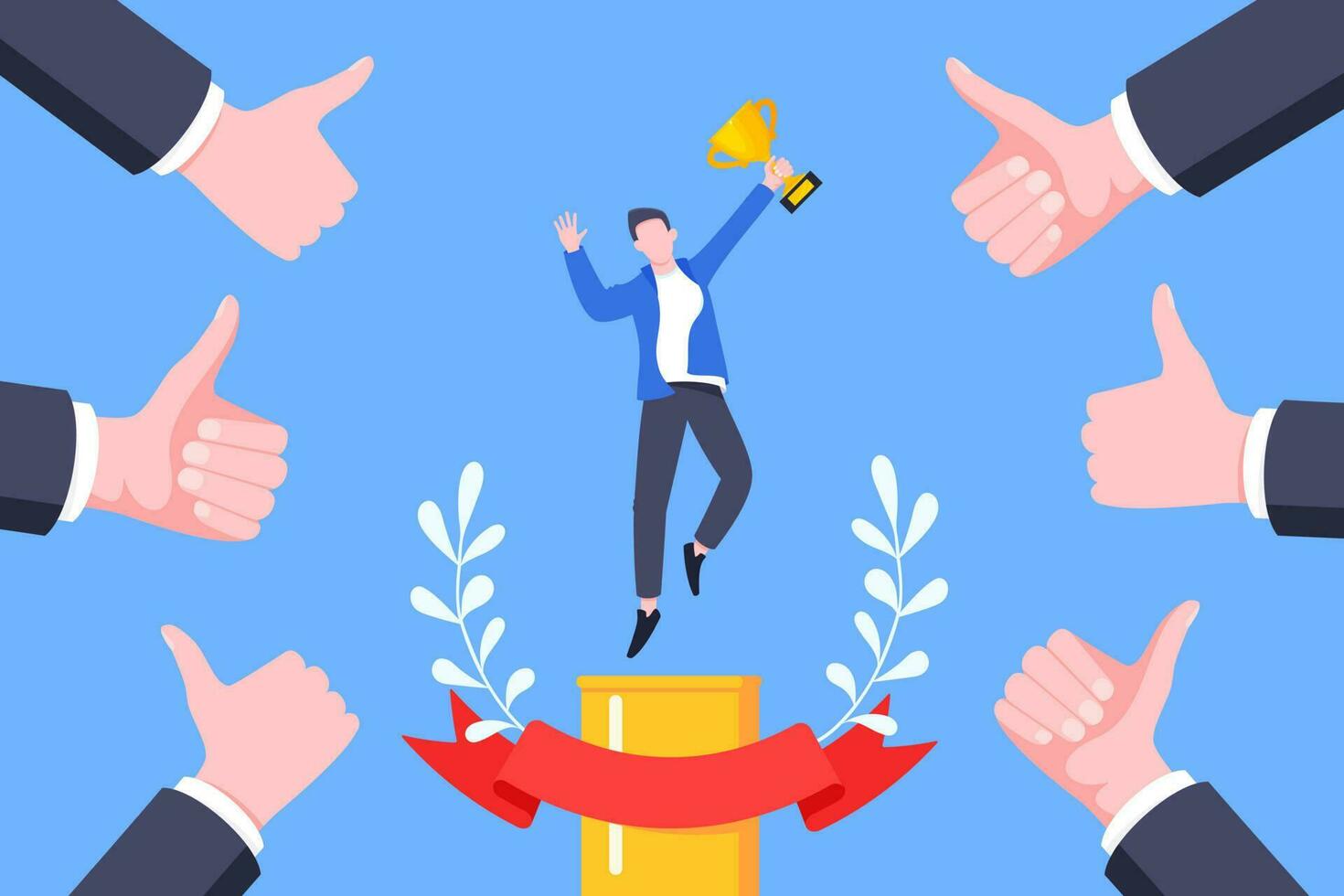 Best worker employee winner with trophy cup inside award ribbon and floral wreath flat style design vector illustration.