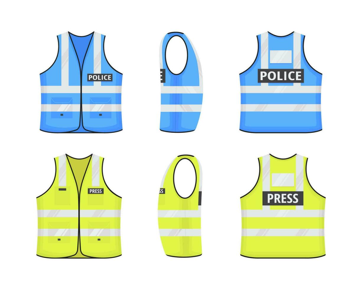 Safety reflective vest with labes tag flat style design vector illustration set.