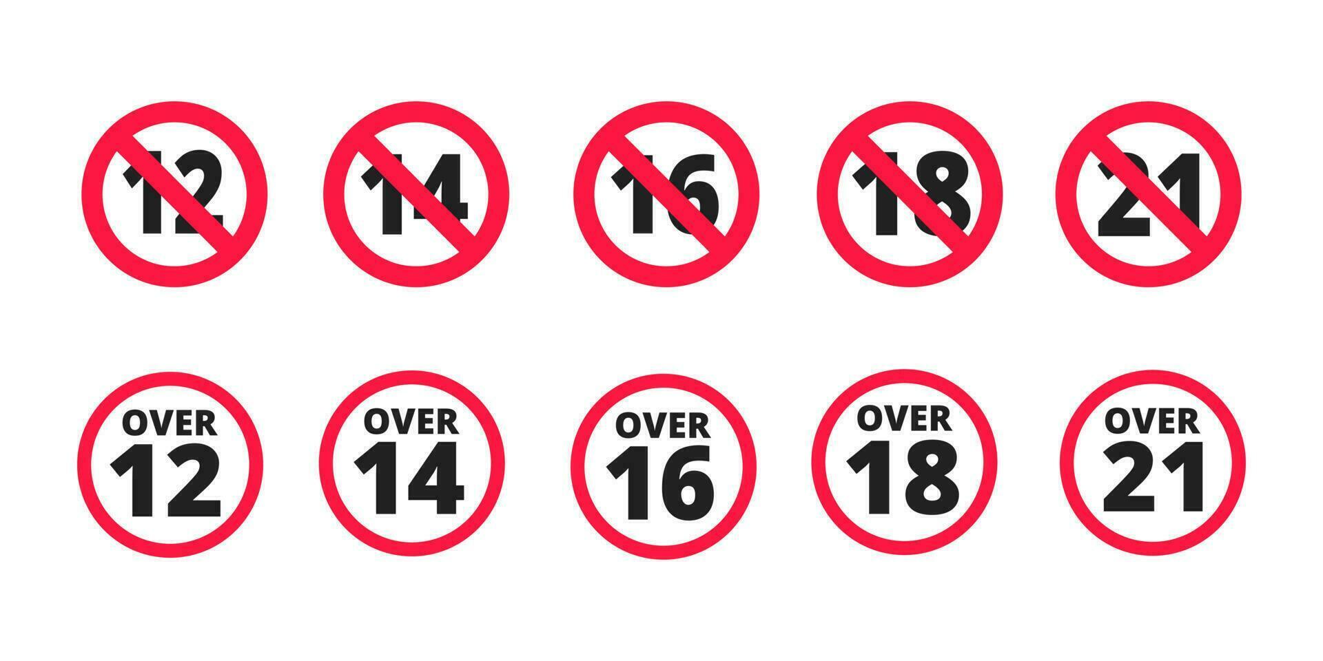 Adults content only age restriction 12, 14, 16, 18, 21 plus years old icon signs set. vector