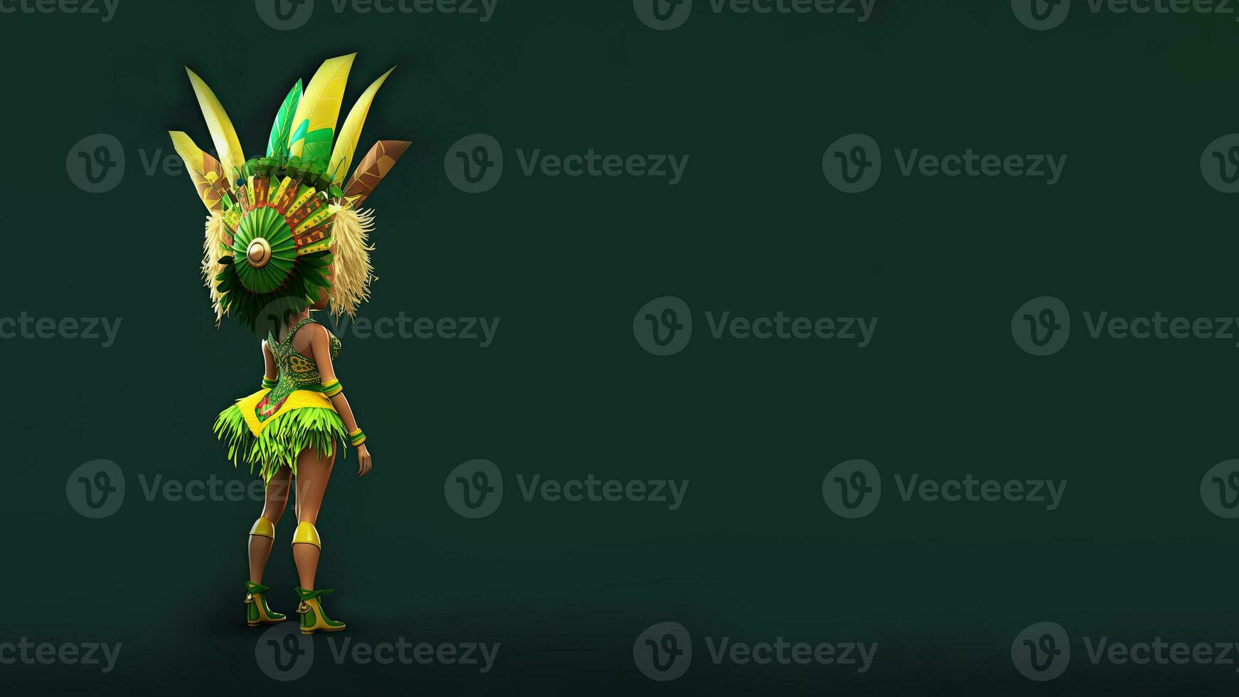 3D Render, Rear View of Brazilian Female Samba Dancer Character Posing In Feathered Costume On Green Background And Copy Space. photo