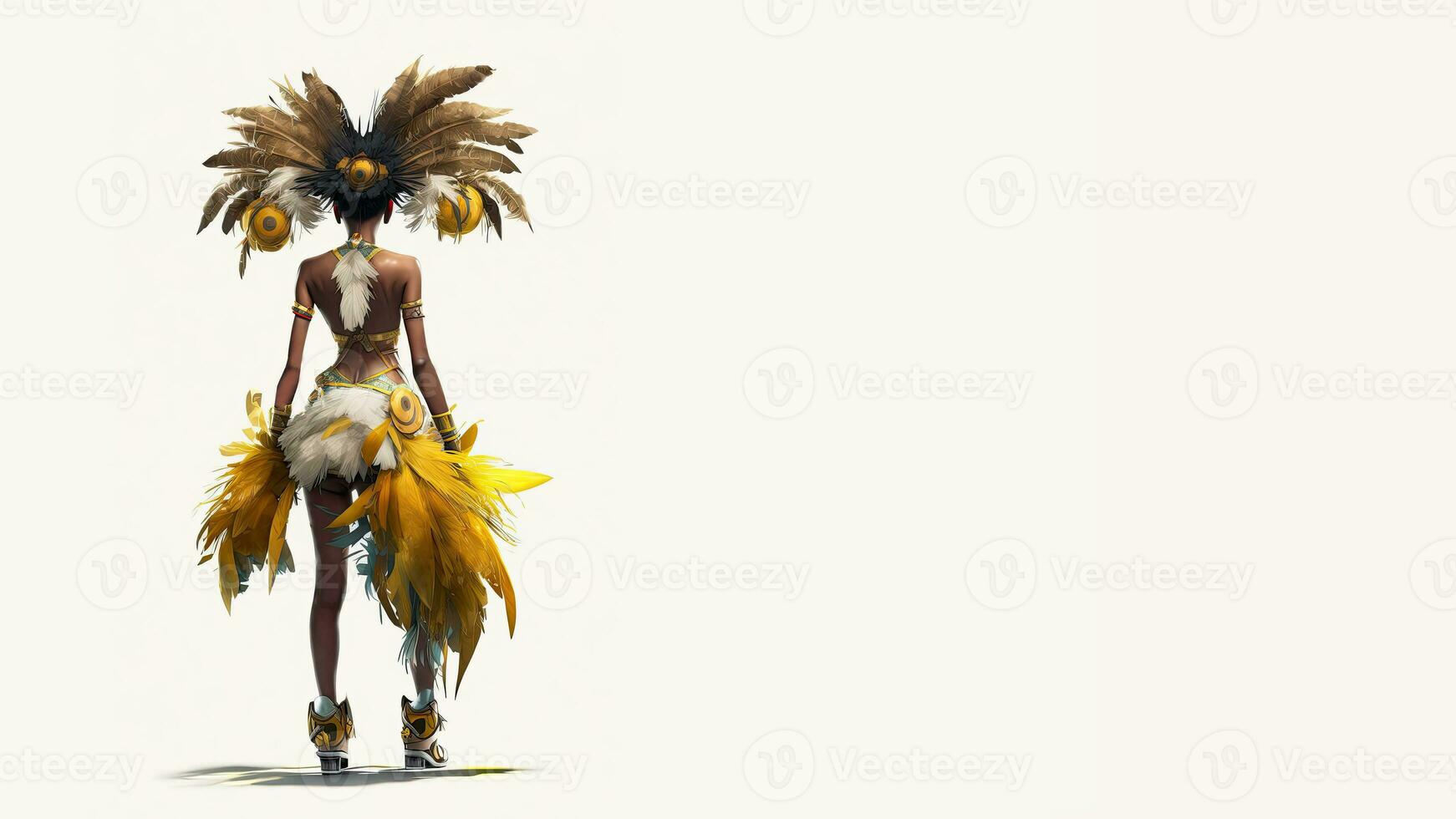 3D Render, Rear View of Brazilian Female Samba Dancer Character Standing On White Background And Copy Space. photo