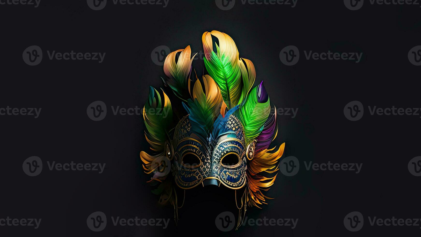 3D Render of Multicolored Fantasy Feather Mask On Black Background And Copy Space. photo
