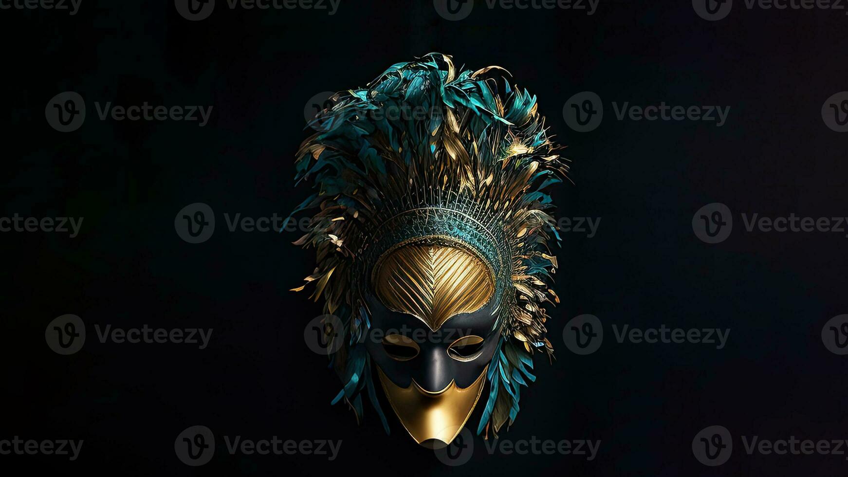 3D Render of Golden And Turquoise Feathered Masquerade Ball Mask On Black Background. photo