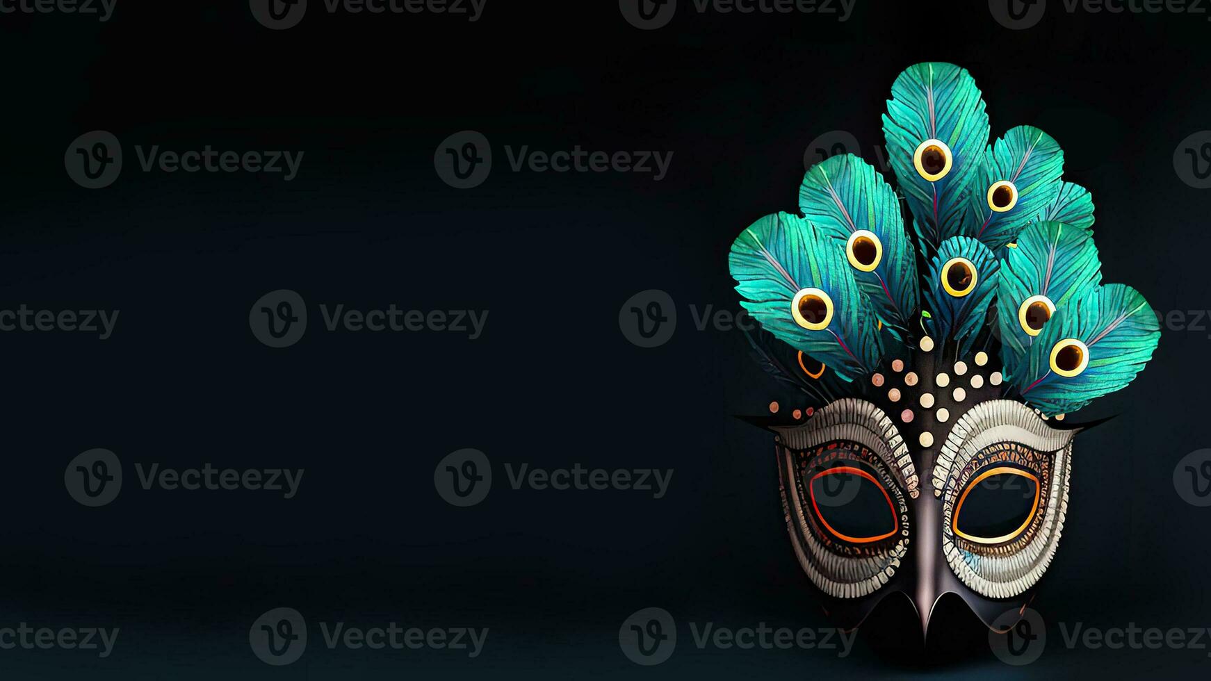 3D Render of Colorful Venetian Mask With Peacock Feathers On Dark Background And Copy Space. photo