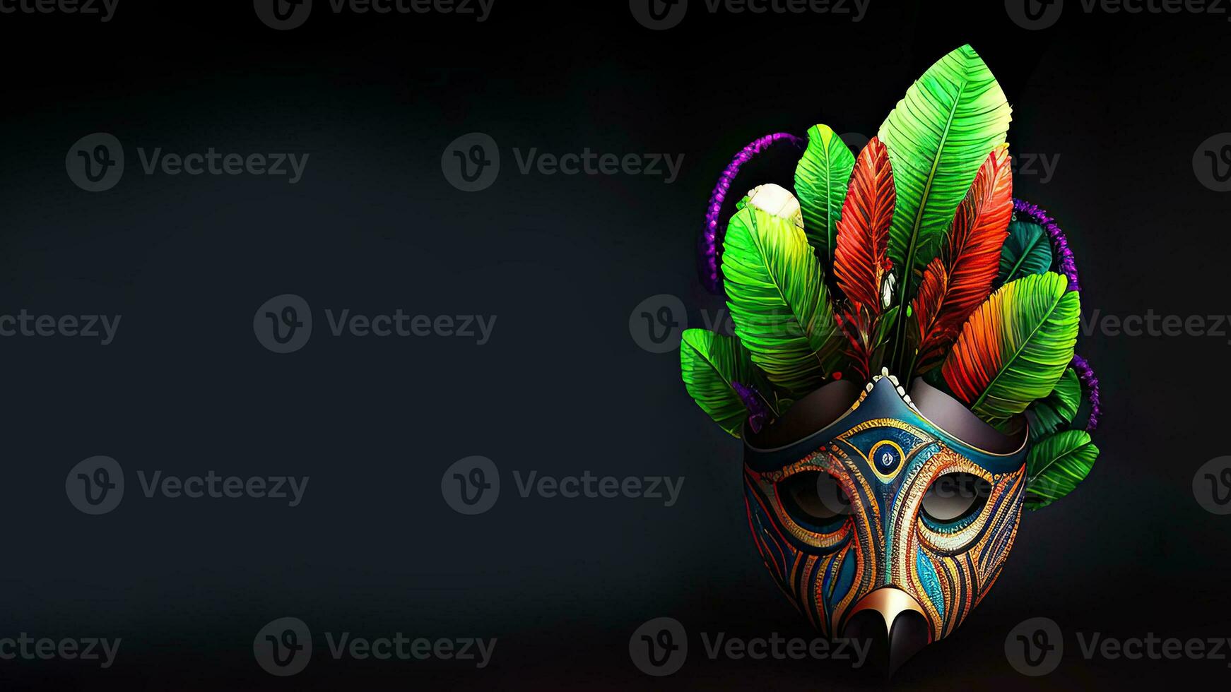 3D Render of Colorful Venetian Feather Mask On Dark Background And Copy Space. photo