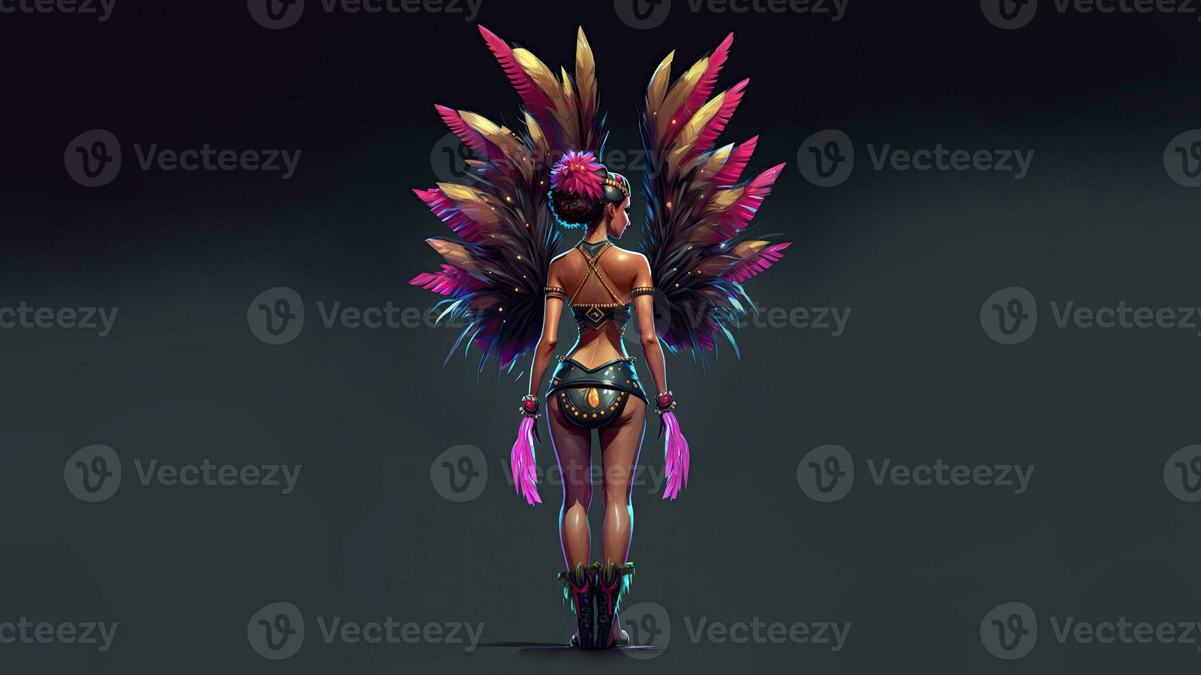 Rear View of Brazilian Female Samba Dancer Character In Standing Pose And Copy Space. 3D Render. photo
