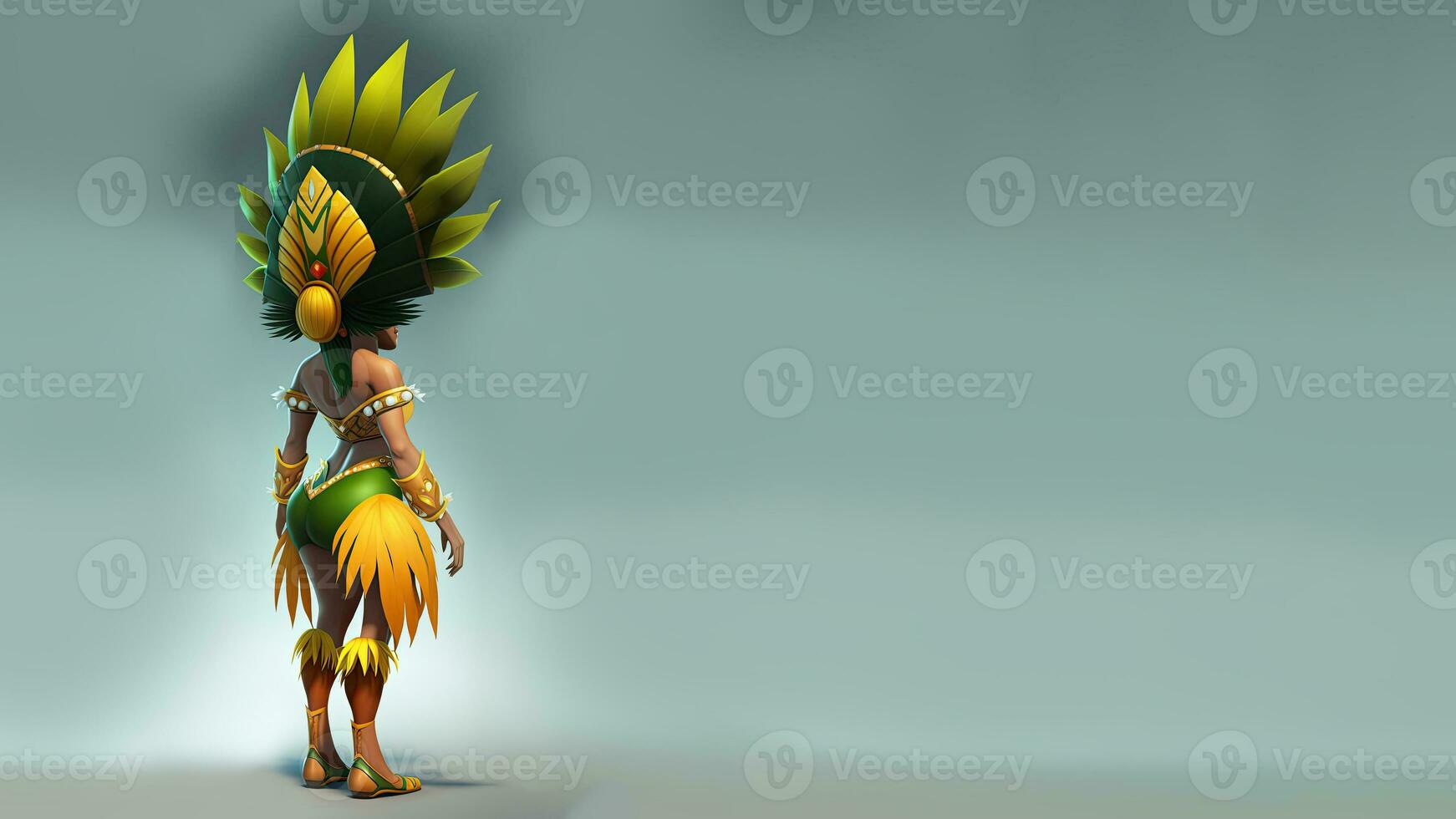 3D Render, Rear View of Brazilian Female Samba Dancer Character Posing In Feathered Costume And Copy Space. photo