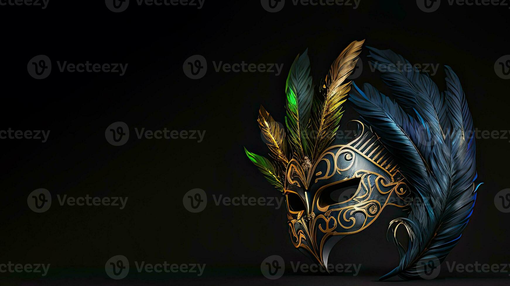 3D Render of Feathered Masquerade Mask On Black Background. photo