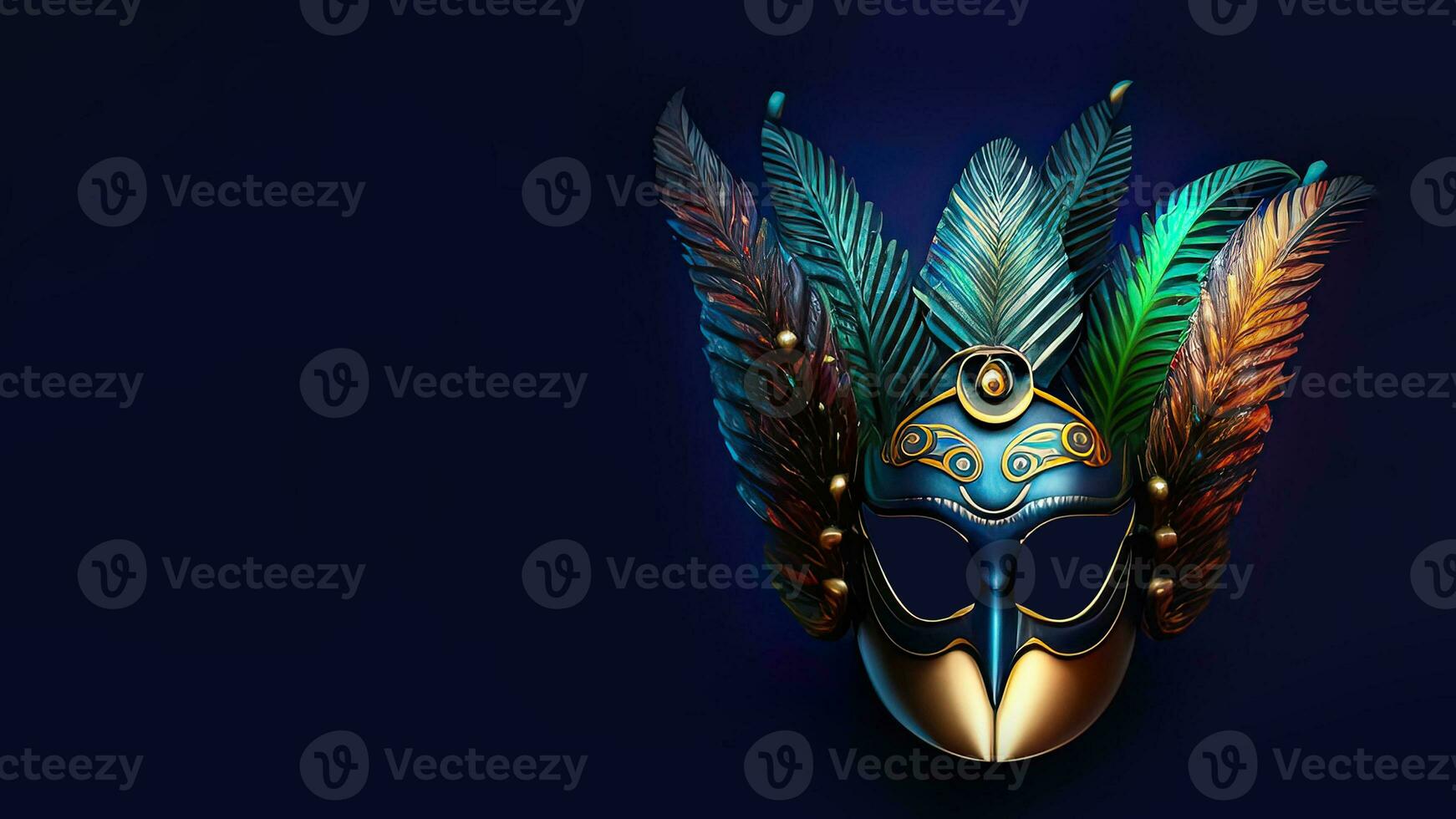 3D Render of Colorful Masquerade Mask With Feathers On Blue Background. Carnival Concept. photo