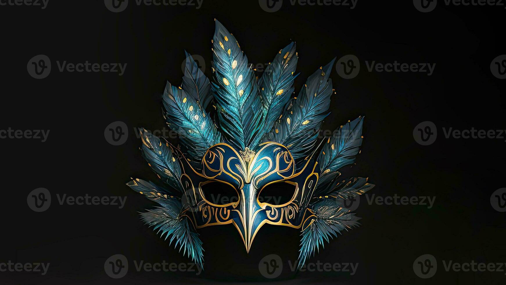 3D Render of Beautiful Feather Masquerade Mask In Golden And Turquoise Color Against Black Background. Carnival Concept. photo