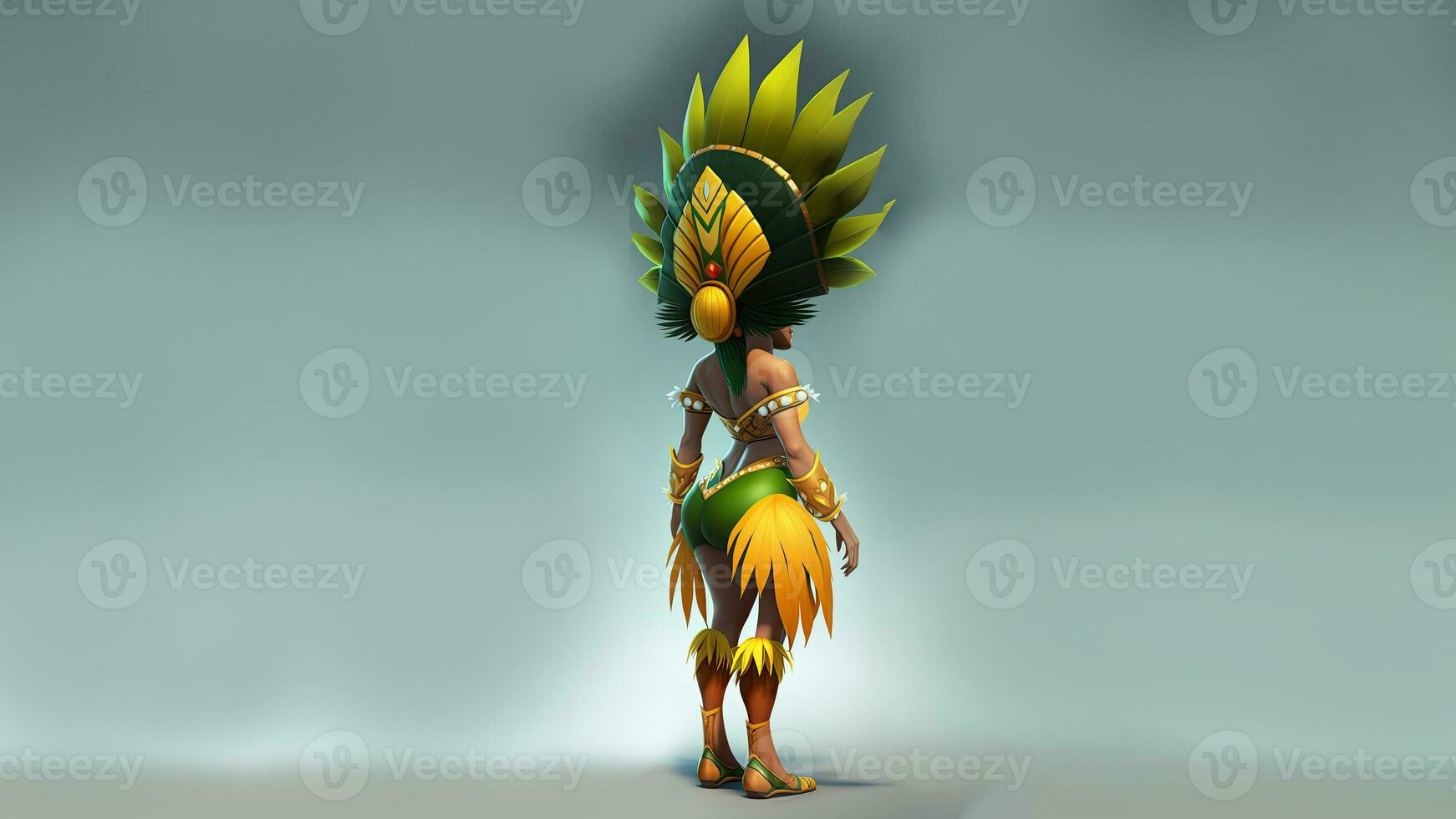 3D Render, Rear View of Brazilian Female Samba Dancer Character Posing In Feathered Costume And Copy Space. photo
