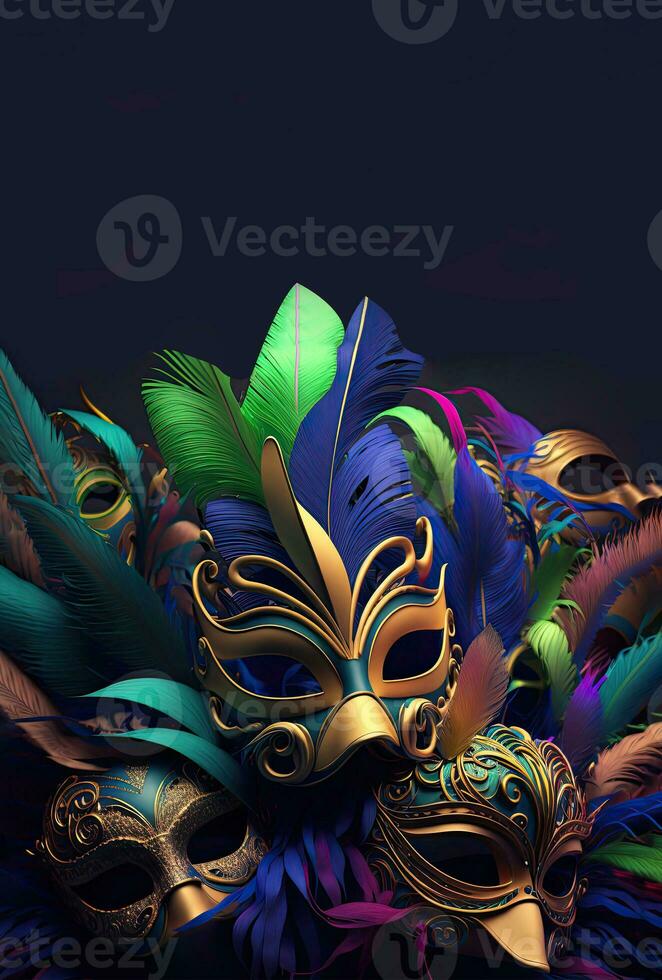 3D Render of Beautiful Golden Party Masks Among Multicolored Feathers And Copy Space. Carnival Concept. photo