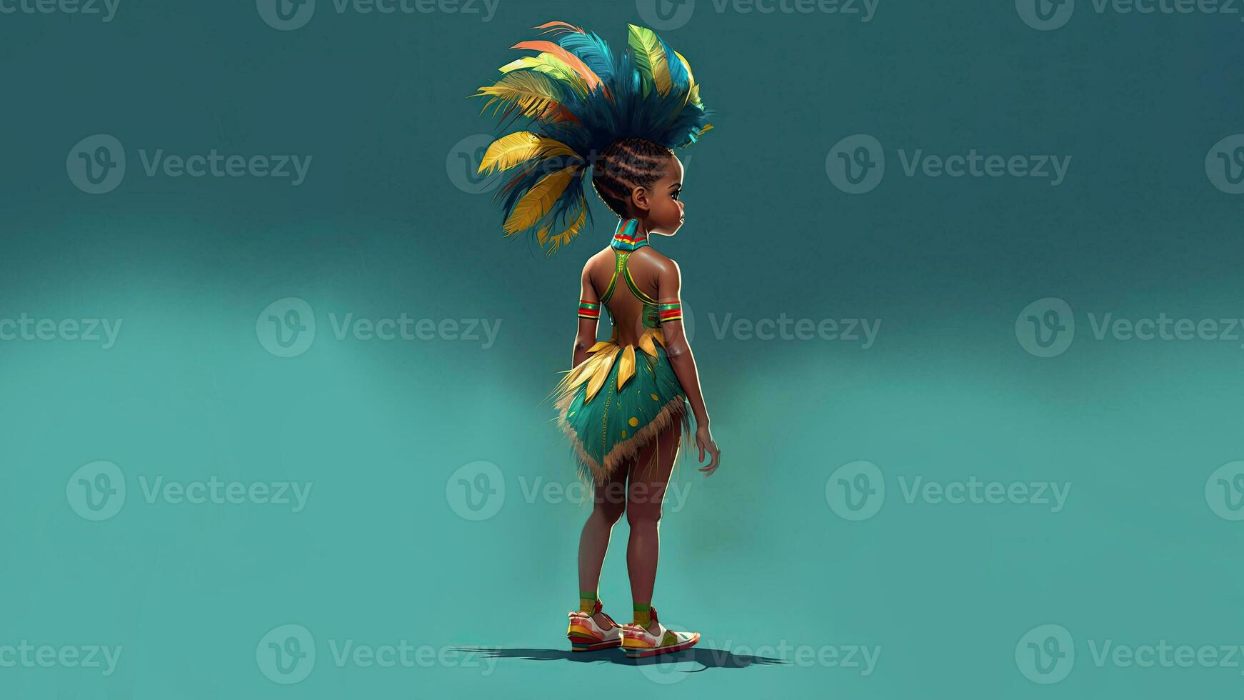 3D Render, Side View of Brazilian Young Girl Character Wearing Samba Dancer Attire On Turquoise Background And Copy Space. photo