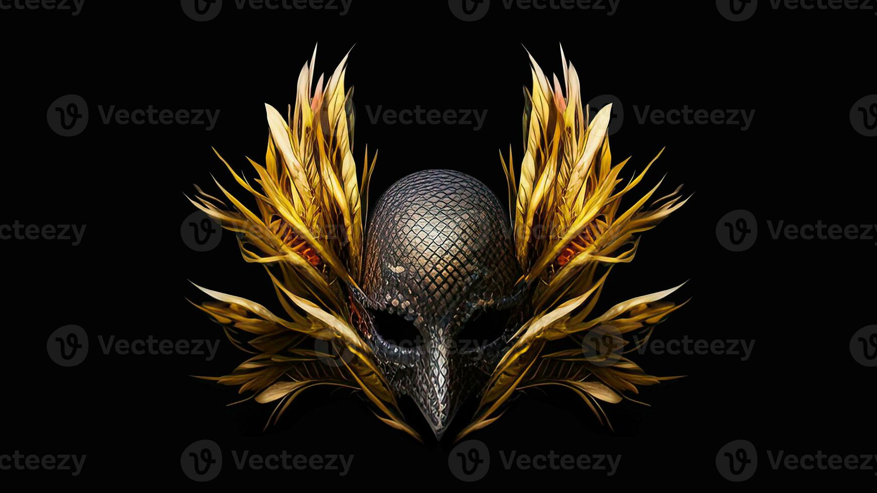 3D Render of Venetian Mask With Golden Feathers On Black Background. Carnival Concept. photo
