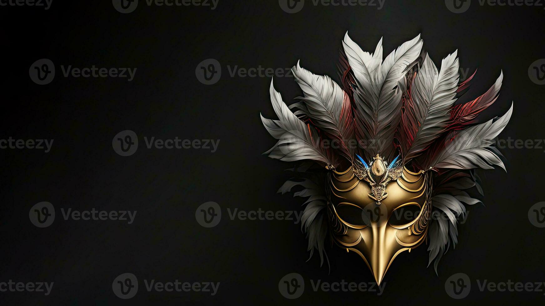 3D Render of Golden Party Mask Decorated With Beautiful Feathers On Black Background. Carnival Concept. photo