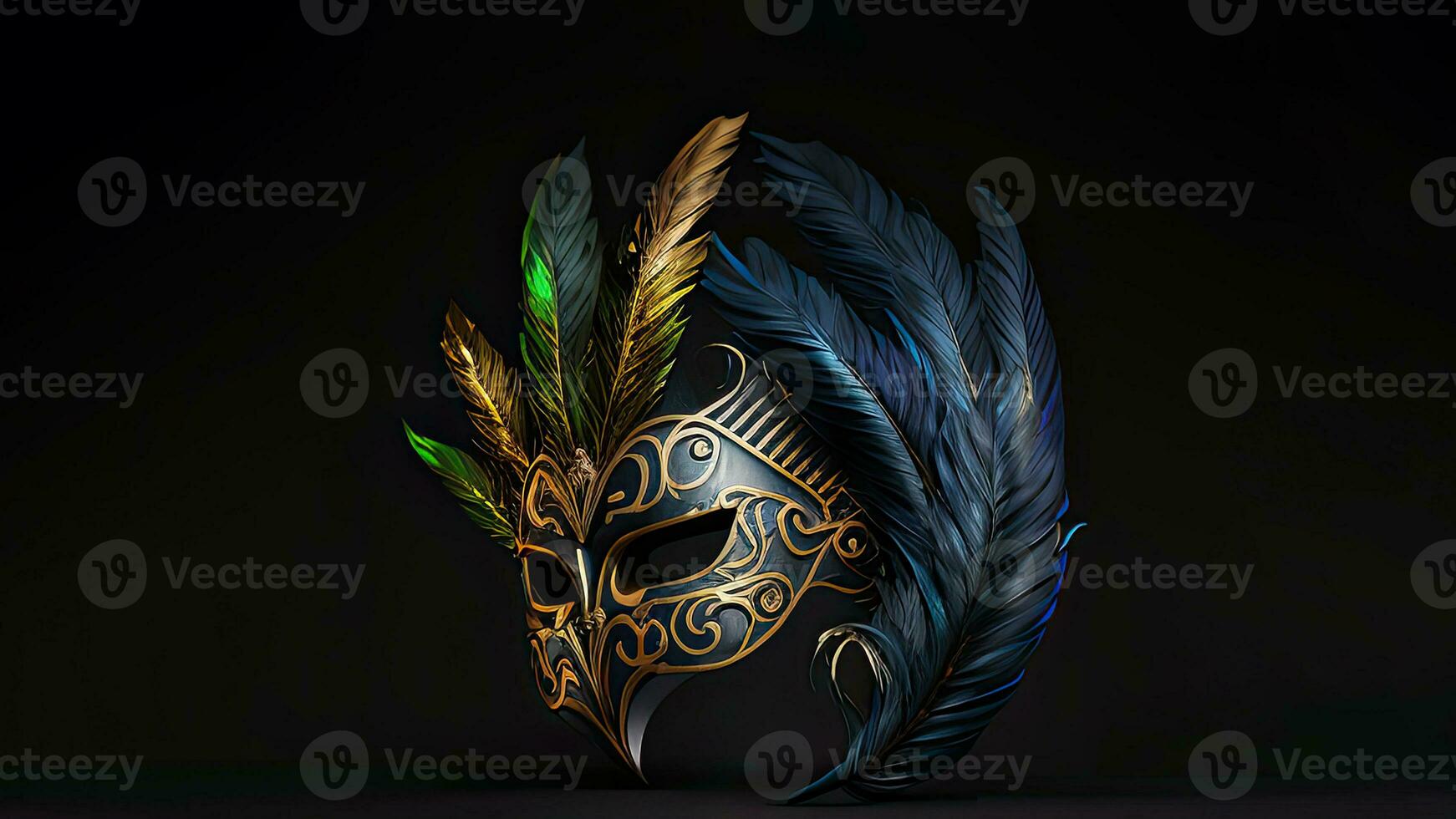 3D Render of Feathered Masquerade Mask On Black Background. photo