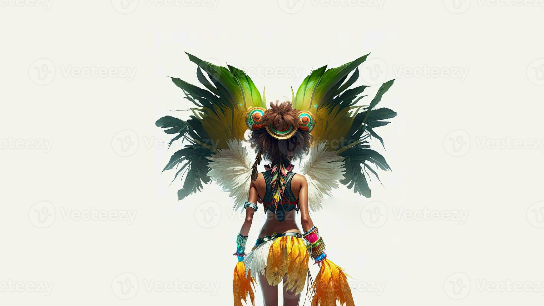 3D Render, Rear View of Brazilian Female Samba Dancer Character In Feather Costume And Copy Space. photo