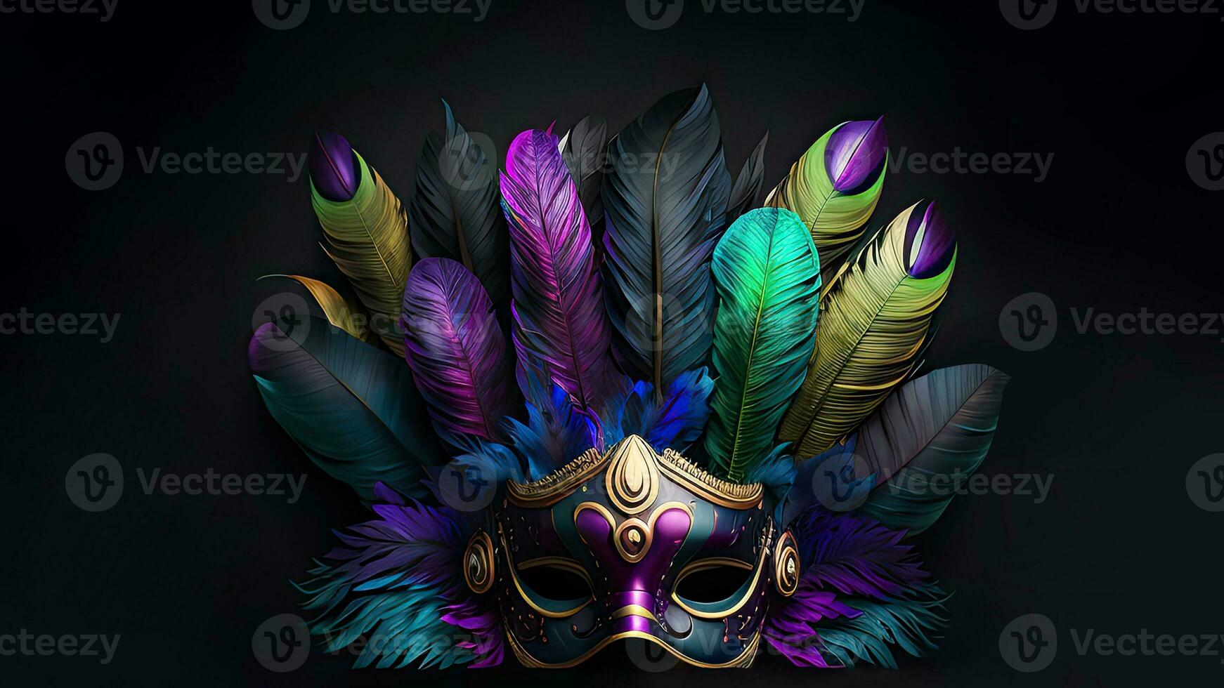 3D Render of Multicolor Decorative Feather Mask On Dark Background. Carnival Concept. photo