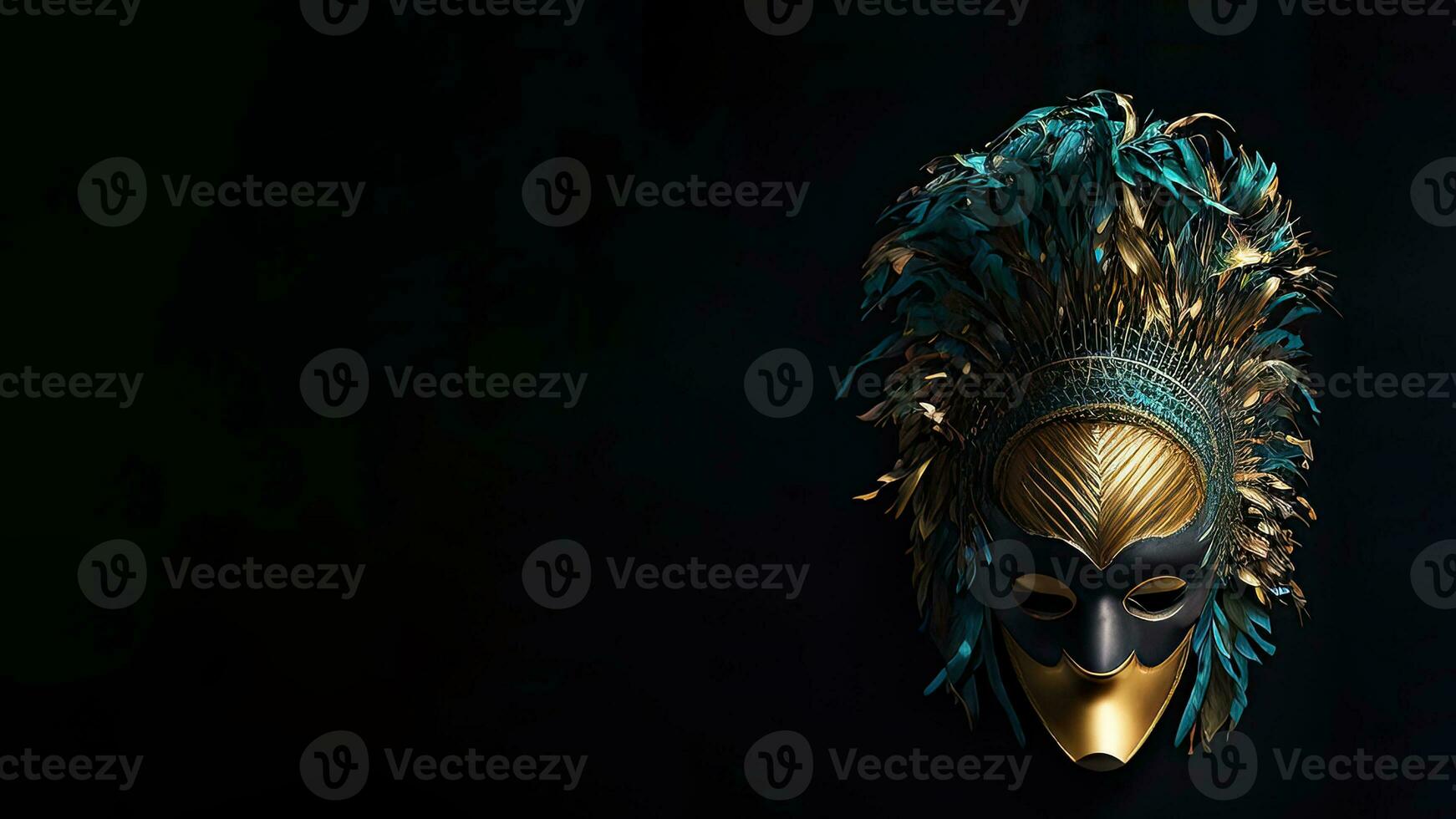 3D Render of Golden And Turquoise Feathered Masquerade Ball Mask On Black Background. photo