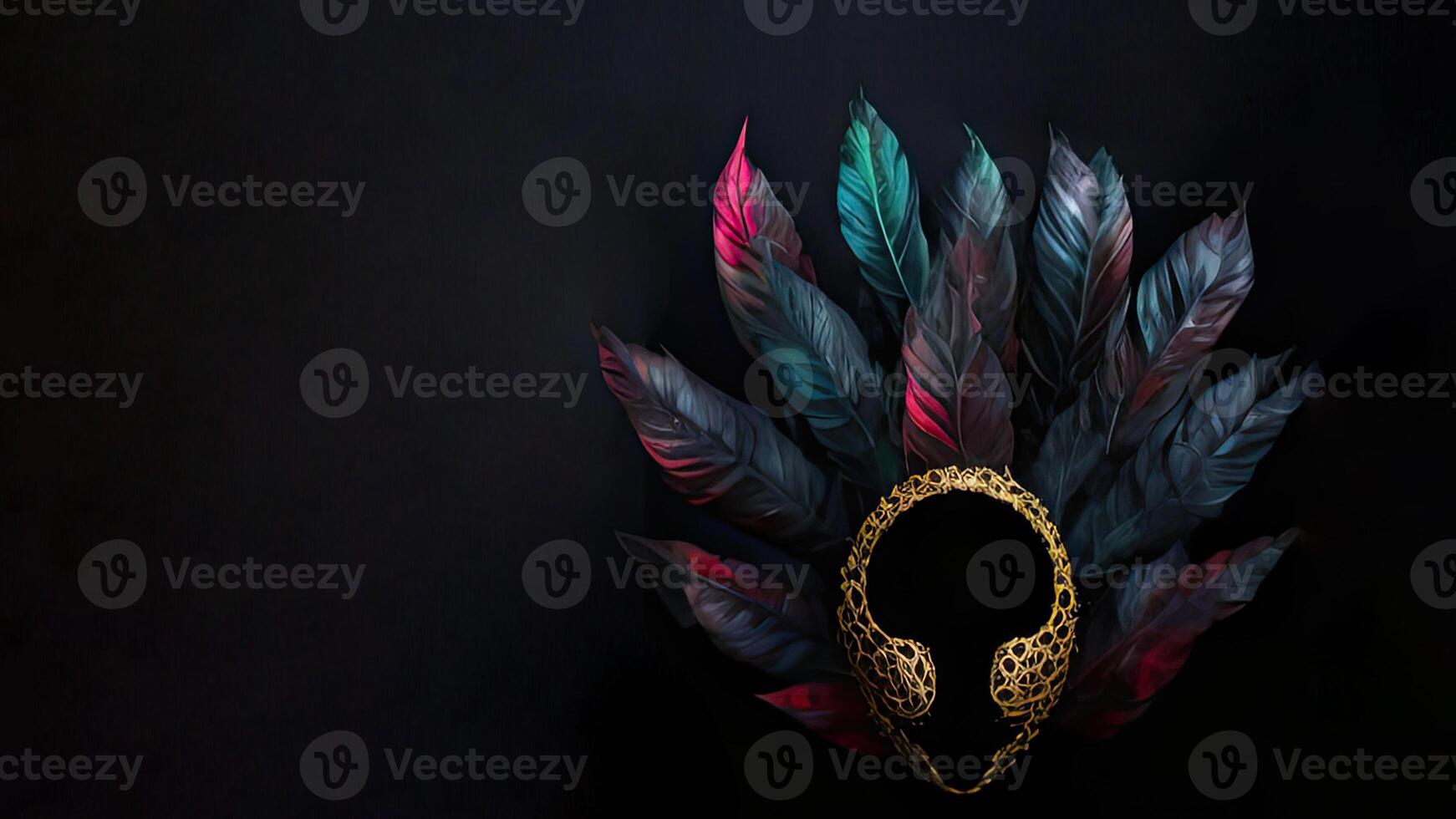 3D Render of Golden Venetian Face Mask With Gradient Feathers On Black Background And Copy Space. photo