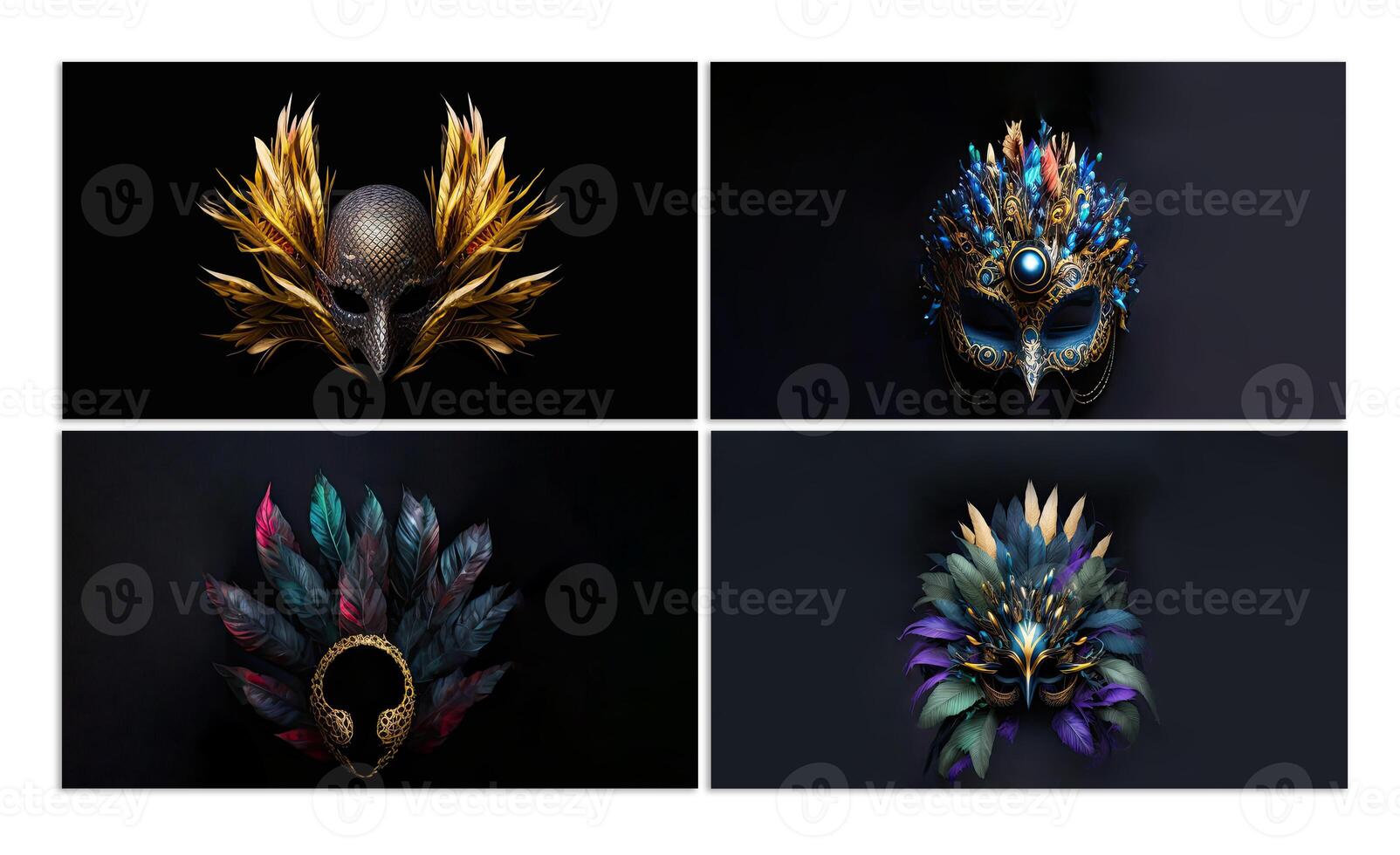 3D Render of Fantasy Carnival or Venetian Mask With Feathers On Black Background. photo