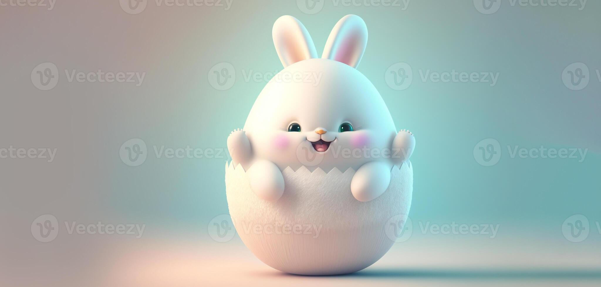 3D Render of Cute Fluffy Chubby Bunny Character Inside Half Egg On Glossy Gradient Background. Happy Easter Day Concept. photo