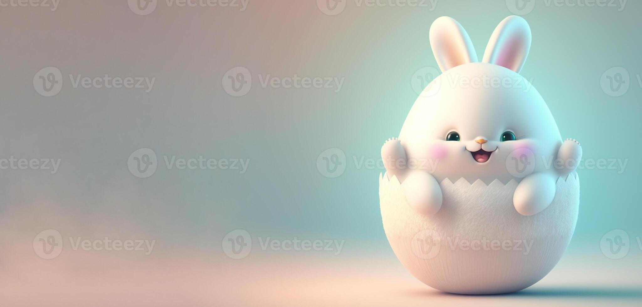 3D Render of Cute Fluffy Chubby Bunny Character Inside Half Egg On Glossy Gradient Background. Happy Easter Day Concept. photo