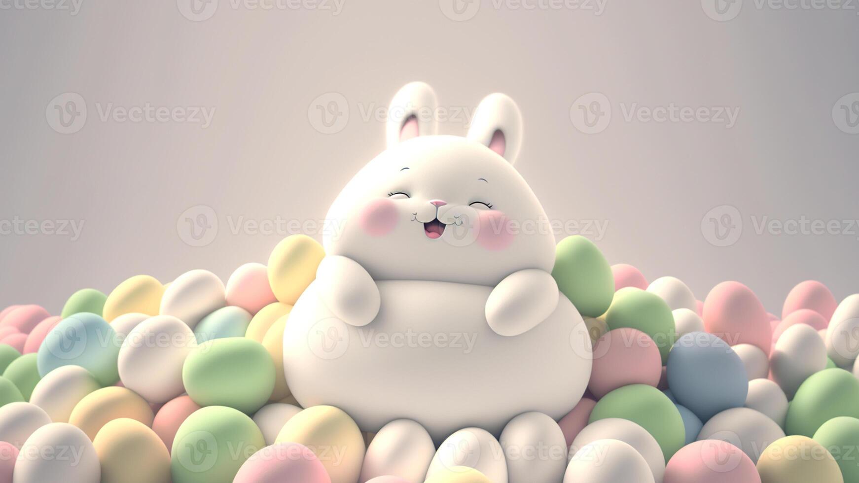 3D Render of Cute Chubby Bunny Character Surrounded By Pastel Color Eggs Against Background. Happy Easter Day Concept. photo