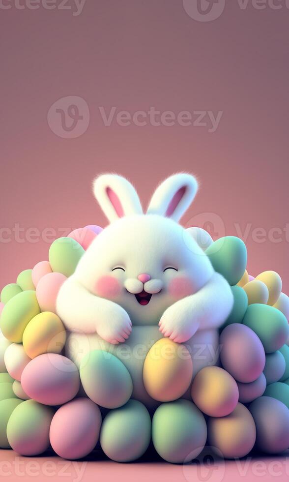 3D Render of Laughing Chubby Bunny Character Surrounded By Gradient Eggs And Copy Space. Happy Easter Day Concept. photo