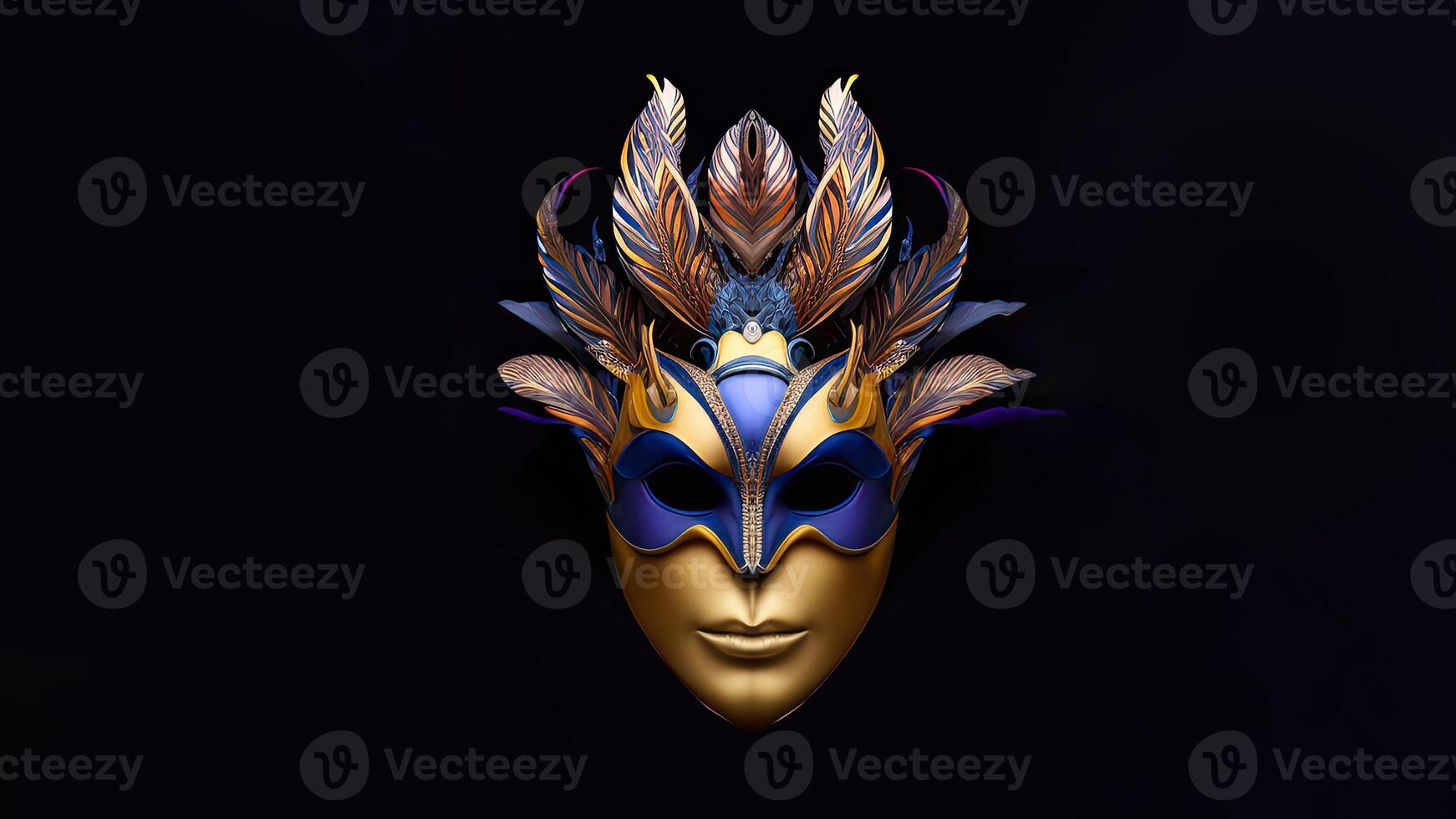 Golden And Blue Venetian Face Mask With Feathers Against Background. 3D Render. photo