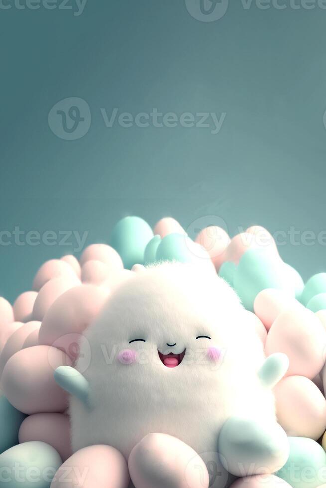 3D Render of Cute Furry Cartoon Character Surrounded By Pastel Color Eggs On Light Teal Background. photo