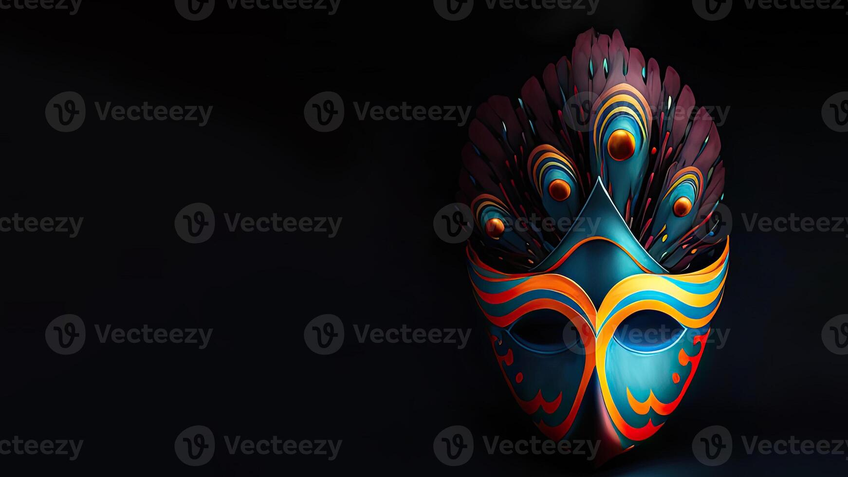 3D Render of Colorful Venetian Mask With Peacock Feathers Against Black Background And Copy Space. photo