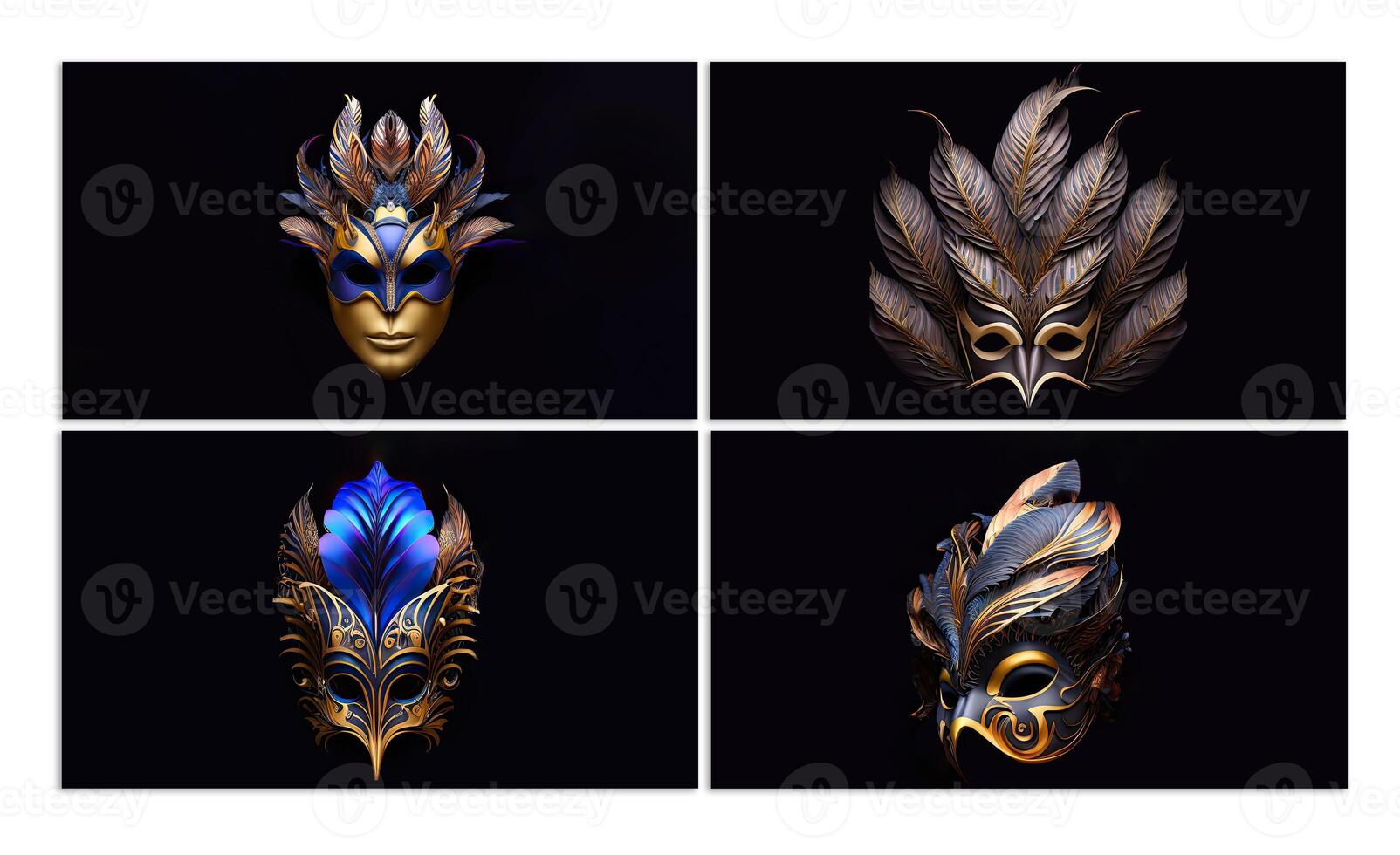 Set of Venetian Face Mask With Beautiful Feathers On Black Background. 3D Render. photo