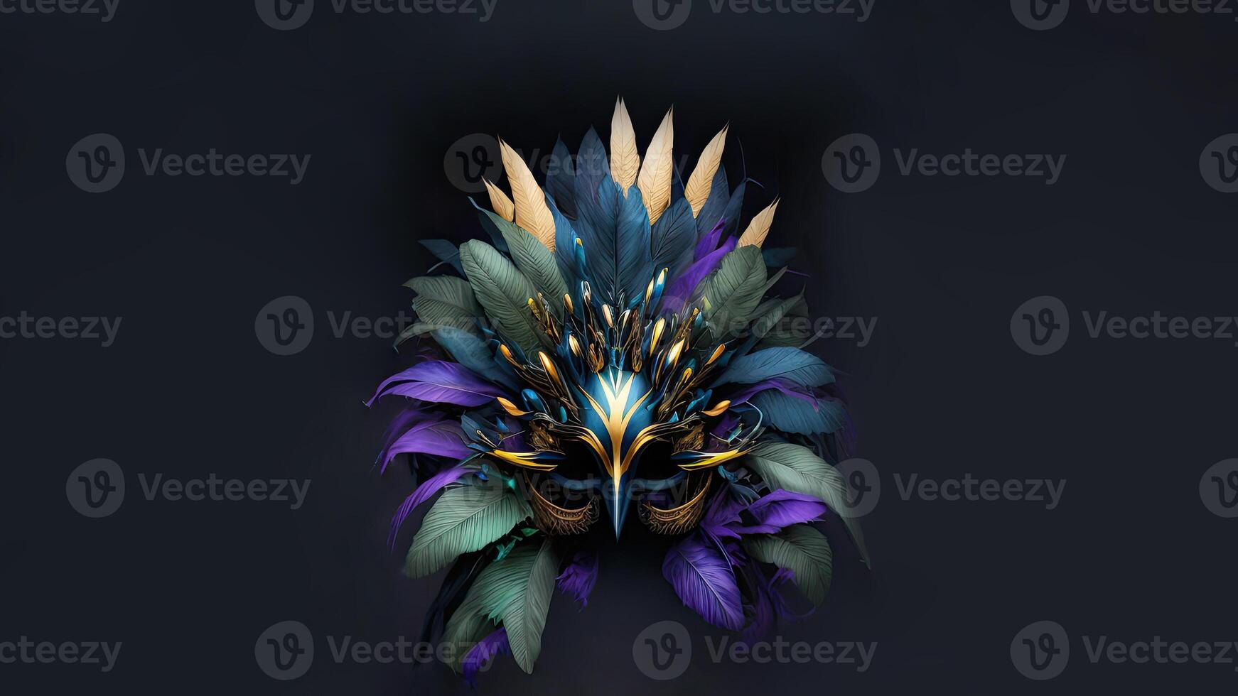 3D Render of Venetian Mask With Feathers On Dark Gray Background And Copy Space. photo