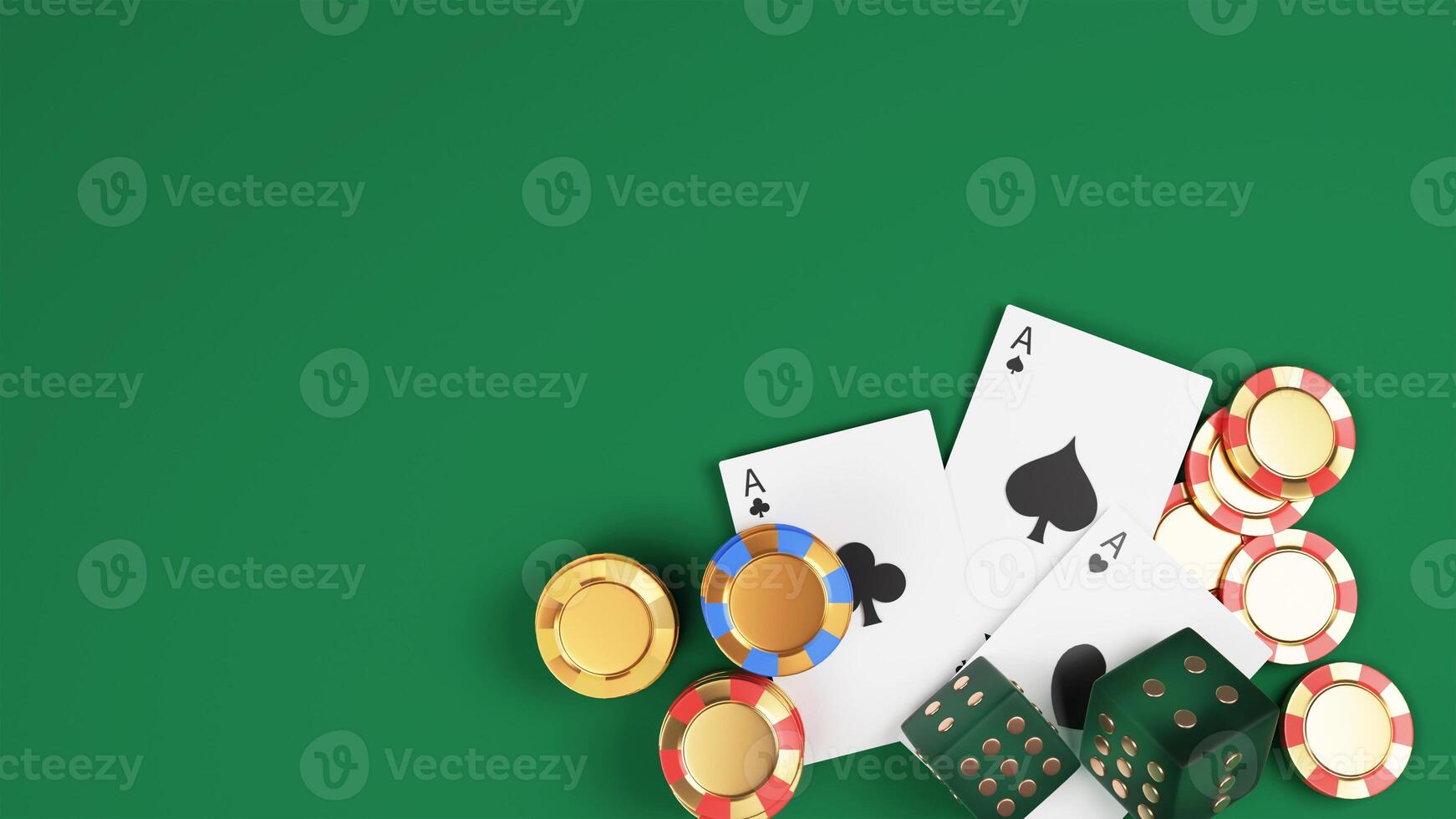3D Render, Top View of Casino Elements As Ace Cards, Poker Chips, Green Dices And Copy Space. photo