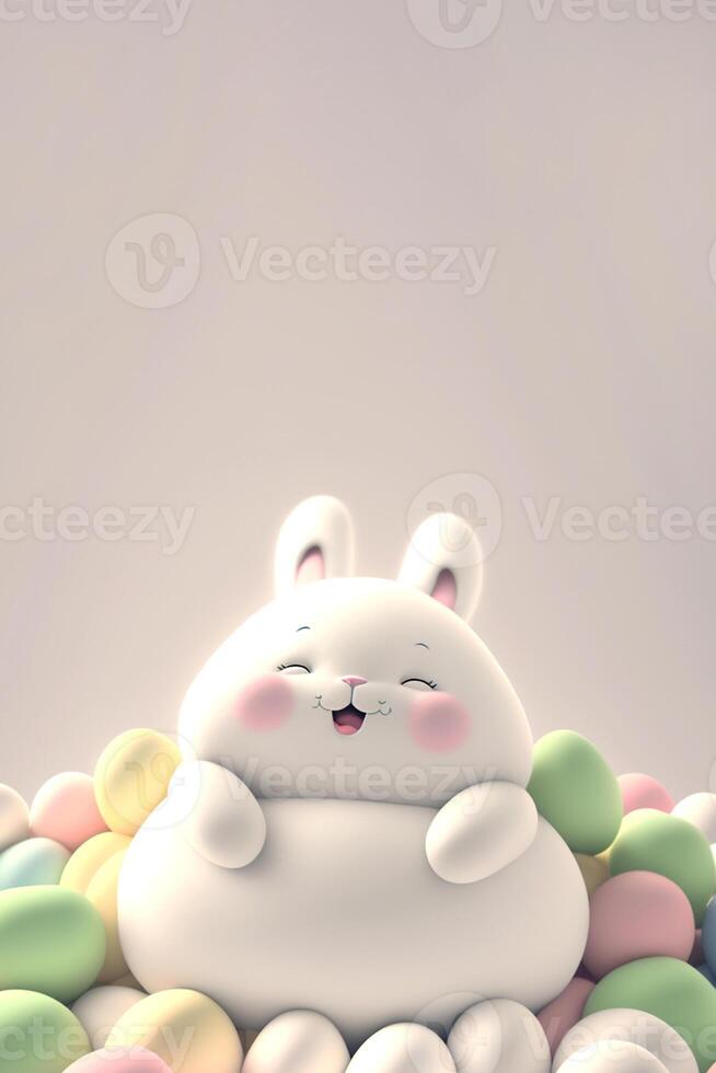 3D Render of Cute Chubby Bunny Character Surrounded By Pastel Color Eggs Against Background. Happy Easter Day Concept. photo