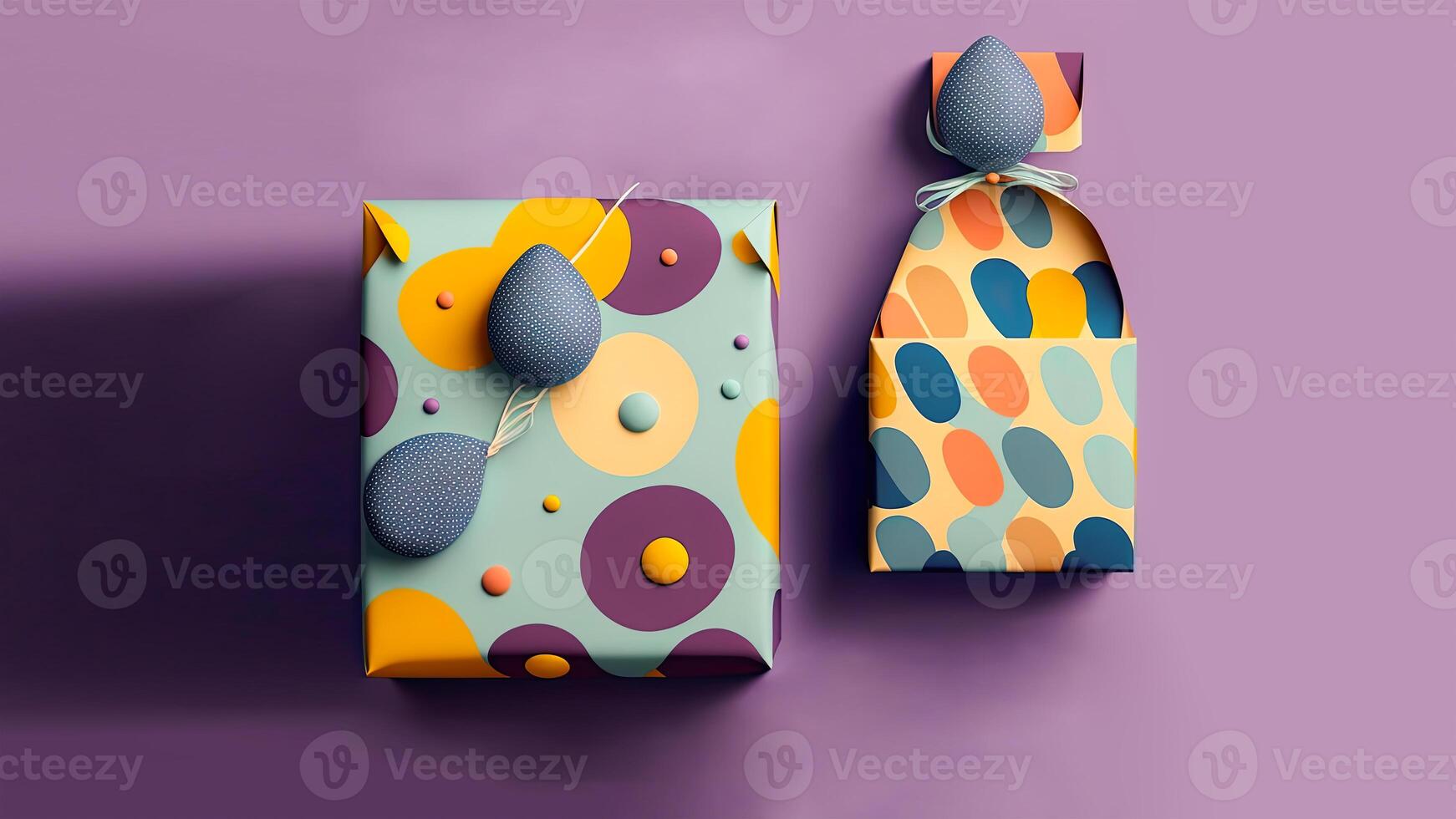 3d hacer de dos tipo regalo caja con vistoso huevos en contra pastel púrpura antecedentes y Copiar espacio. contento Pascua de Resurrección concepto. foto