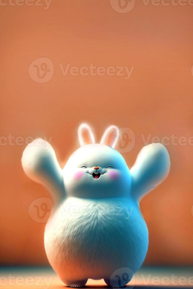 3D Render of Cute Fluffy Chubby Bunny Laughing And Raising Hands Up Against Orange Background. photo