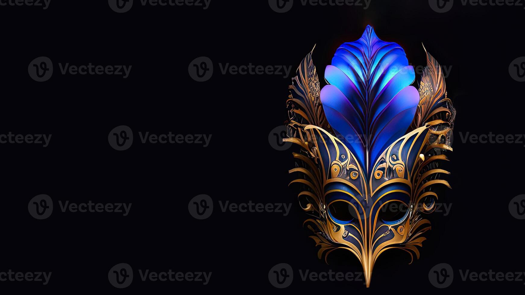 Golden And Blue Venetian Mask On Black Background And Copy Space. 3D Render. photo