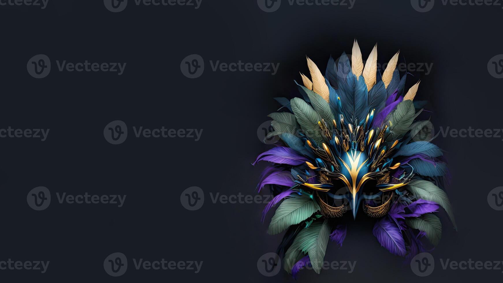 3D Render of Venetian Mask With Feathers On Dark Gray Background And Copy Space. photo